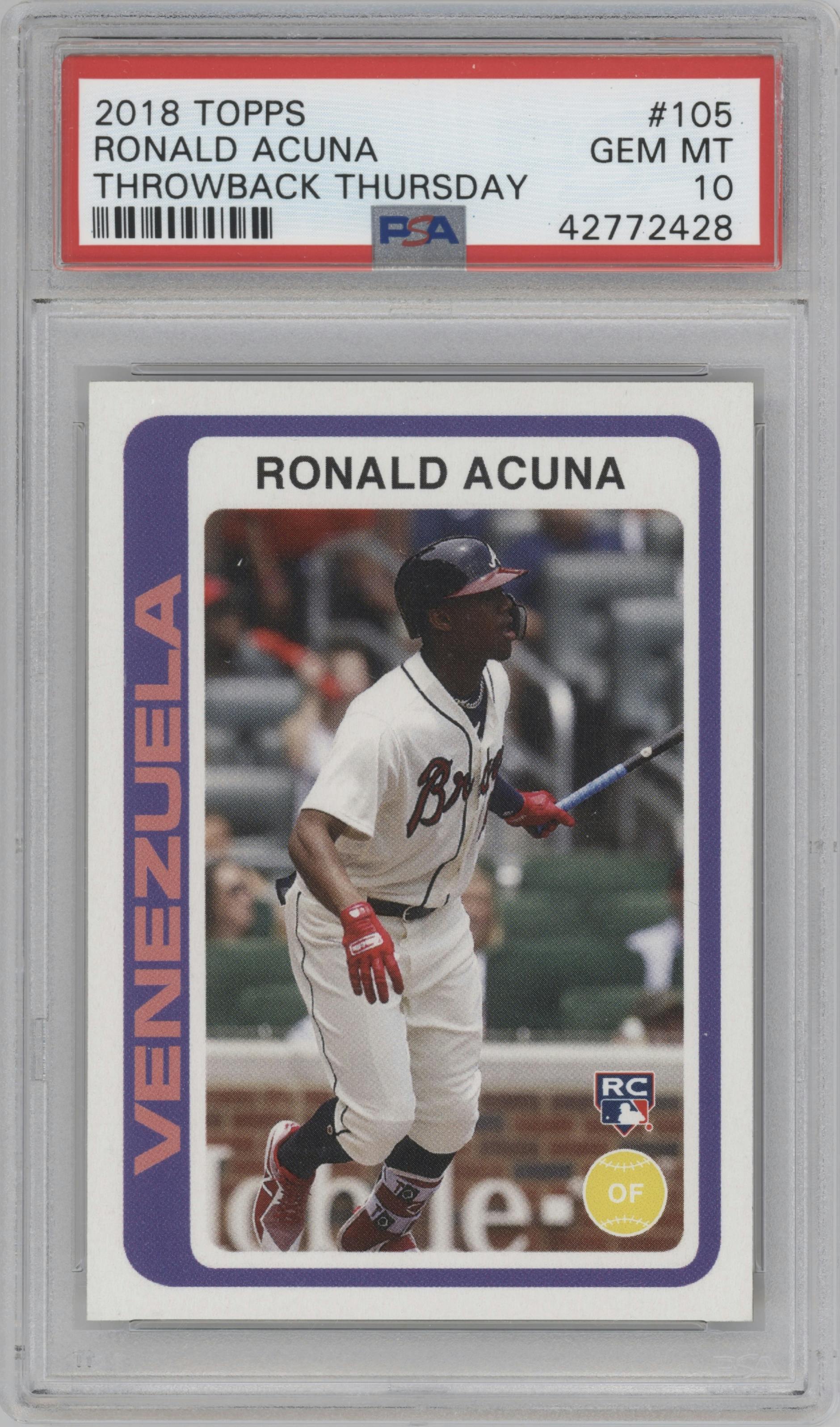 Ronald Acuna from the 2018 Topps Throwback Thursday set graded by PSA and given an overall grade of 10.