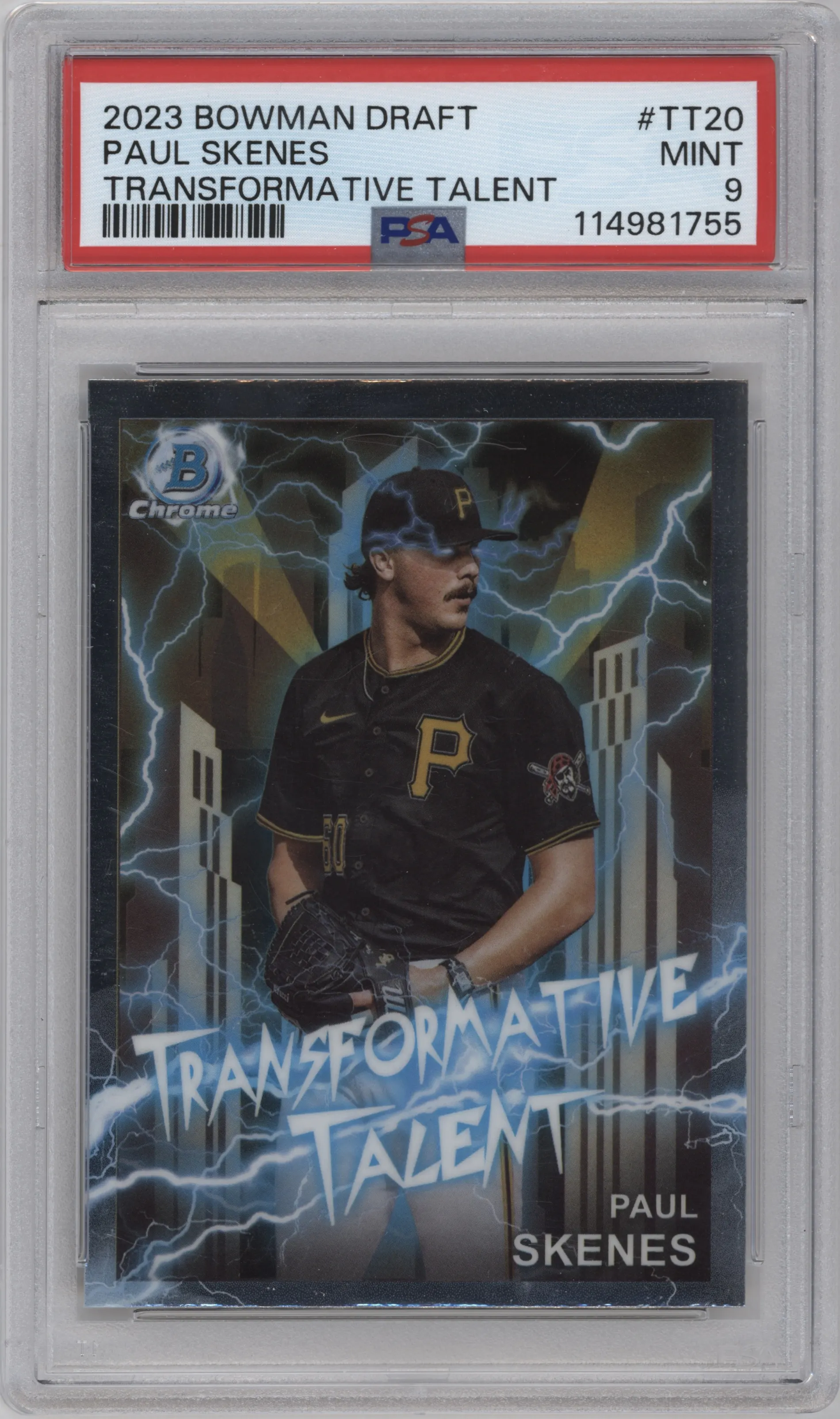 Paul Skenes from the 2023 Bowman Draft set graded by PSA and given an overall grade of 9.