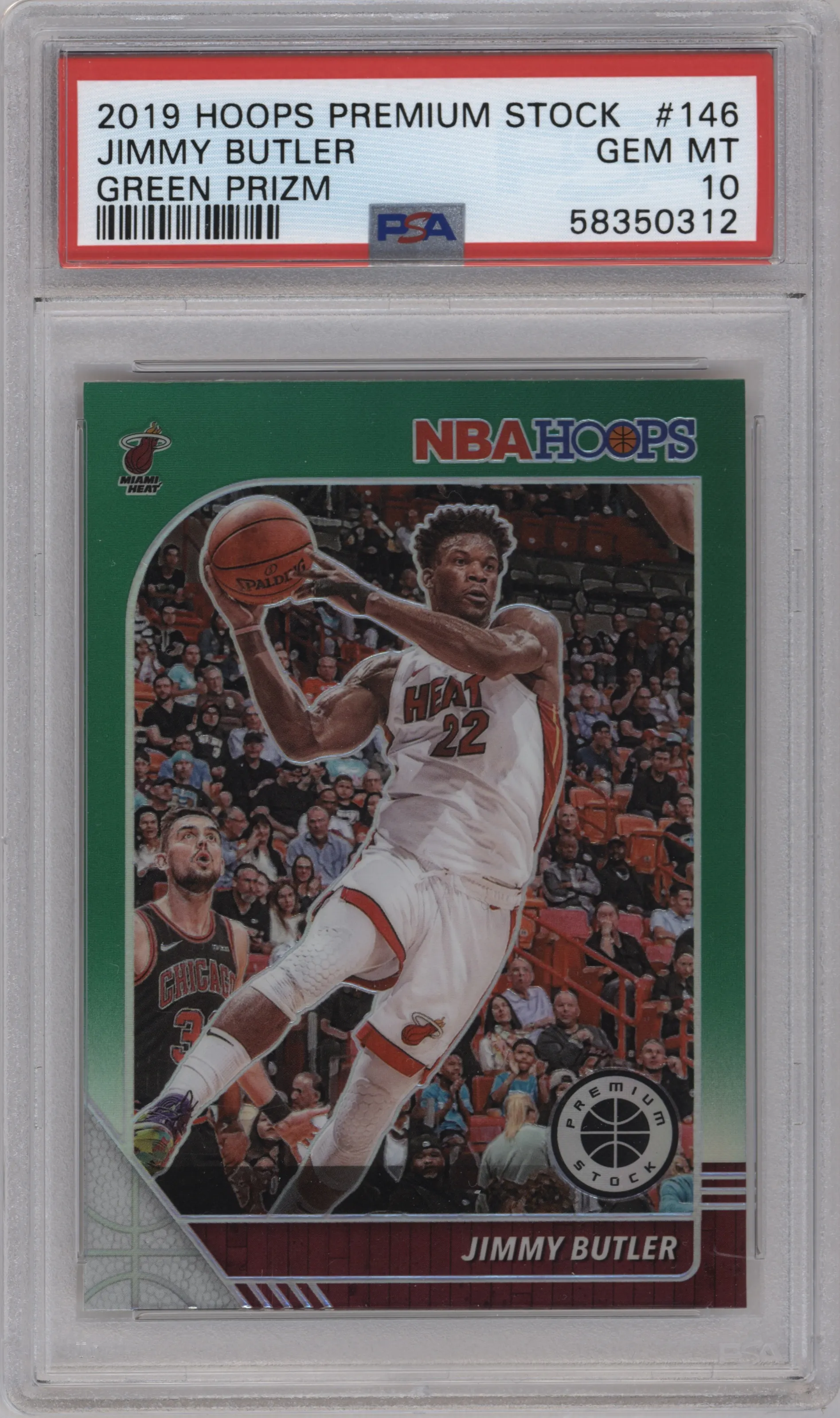 Jimmy Butler from the 2019-20 Panini Hoops Premium Stock set featuring a Green  parallel graded by PSA and given an overall grade of 10.