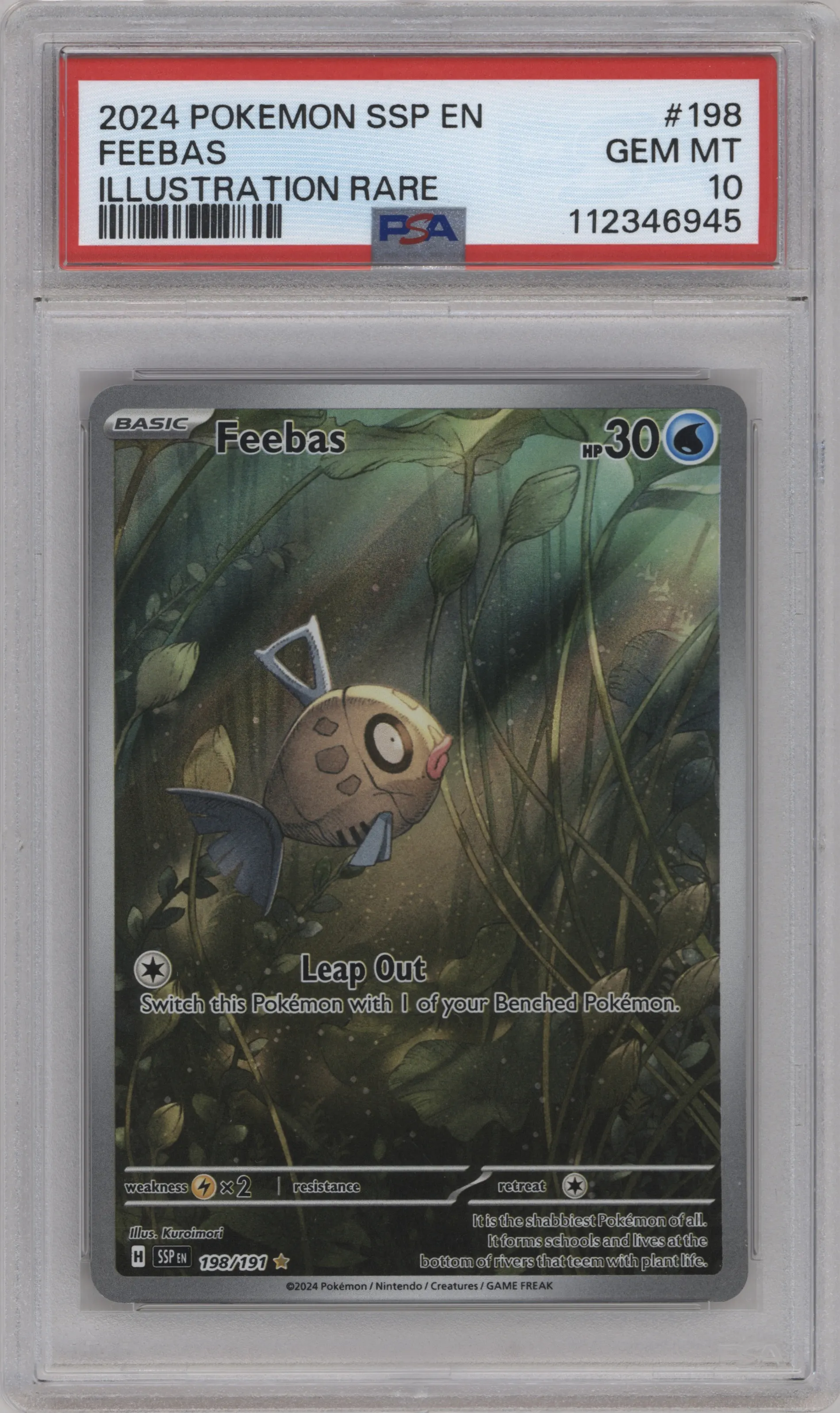 Feebas from the 2024 Pokemon SV set graded by PSA and given an overall grade of 10.