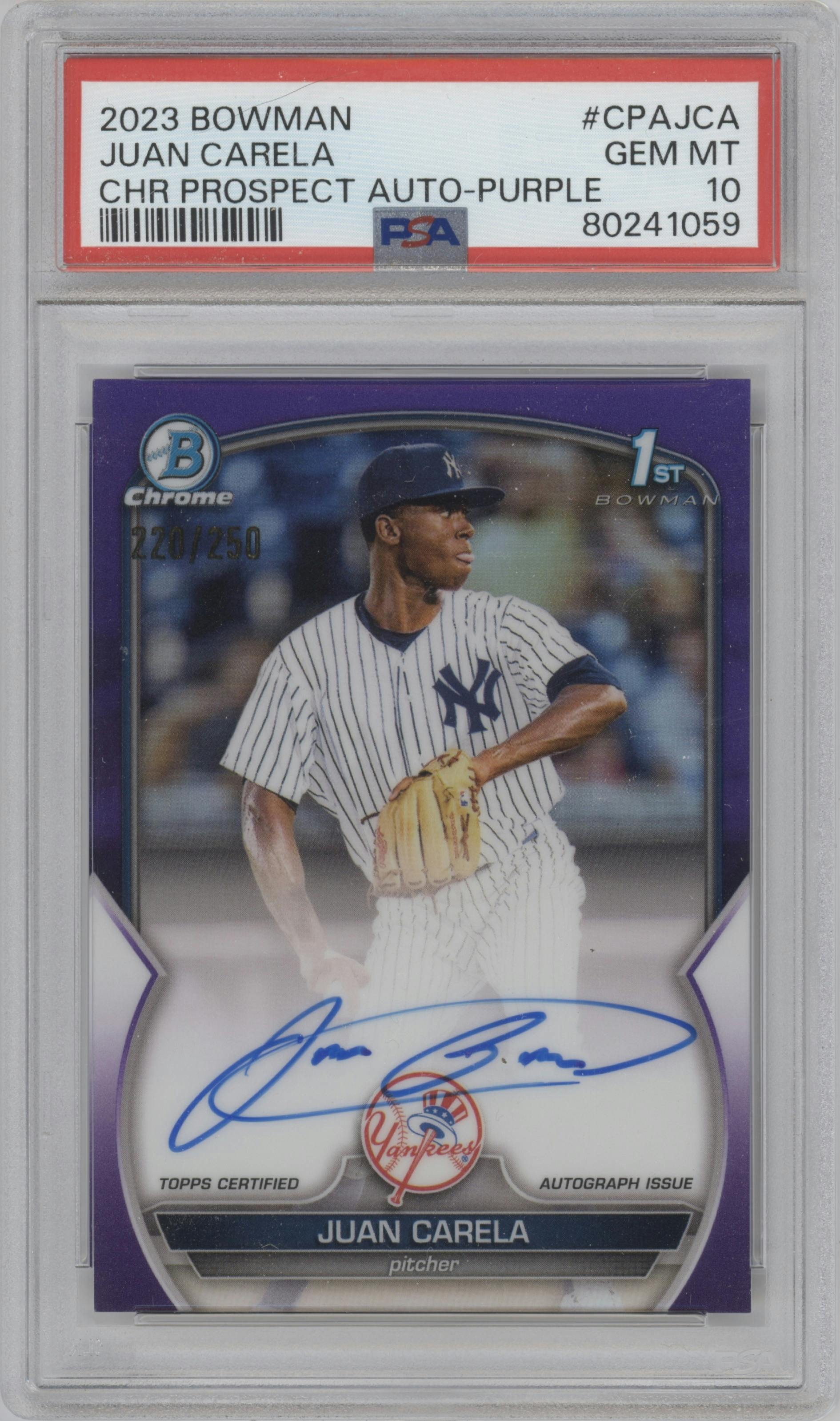 Juan Carela from the 2023 Bowman  set featuring a Purple Refractor  parallel graded by PSA and given an overall grade of 10.