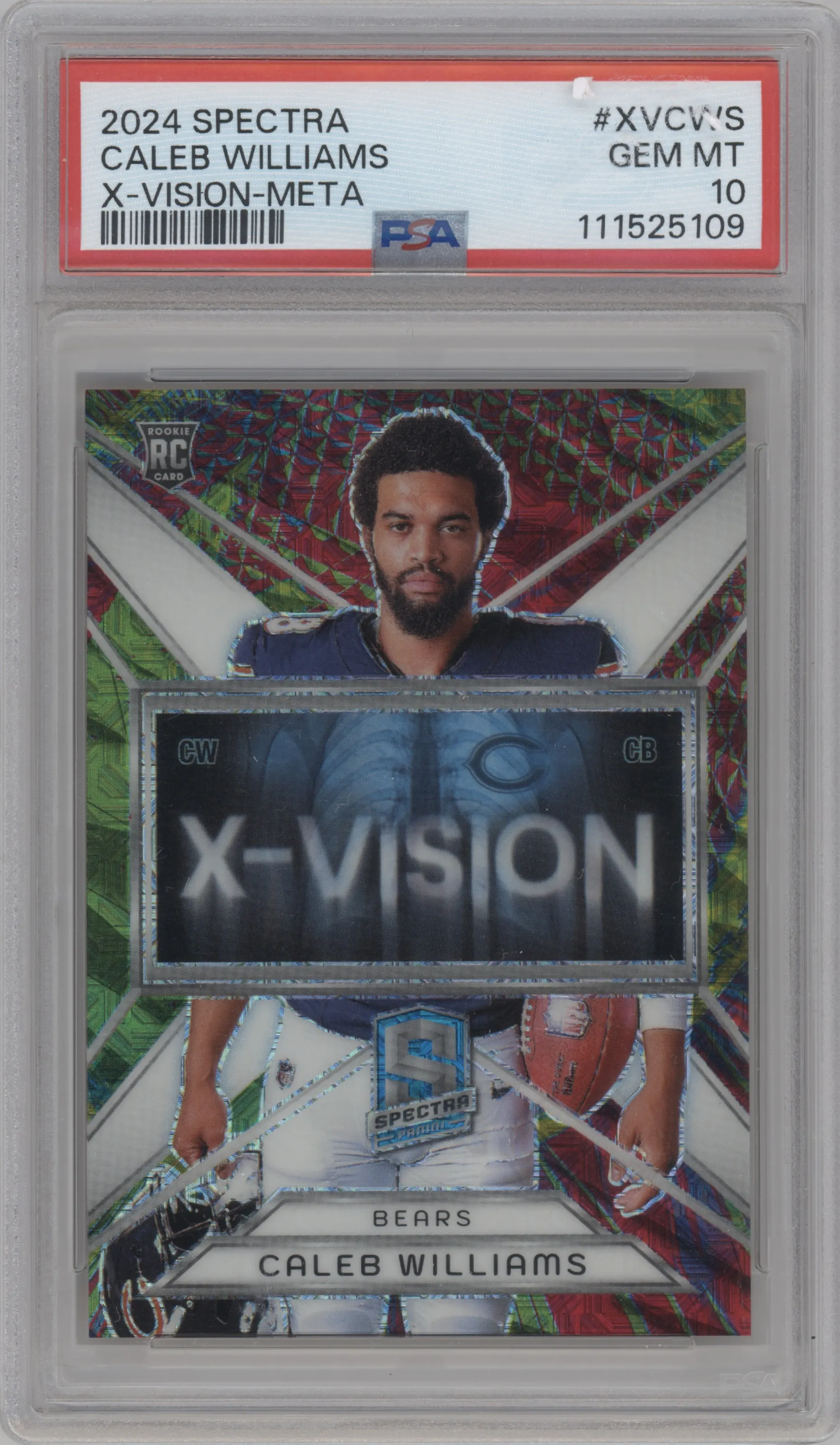 Caleb Williams from the 2024 Panini Spectra set featuring a Meta parallel graded by PSA and given an overall grade of 10.