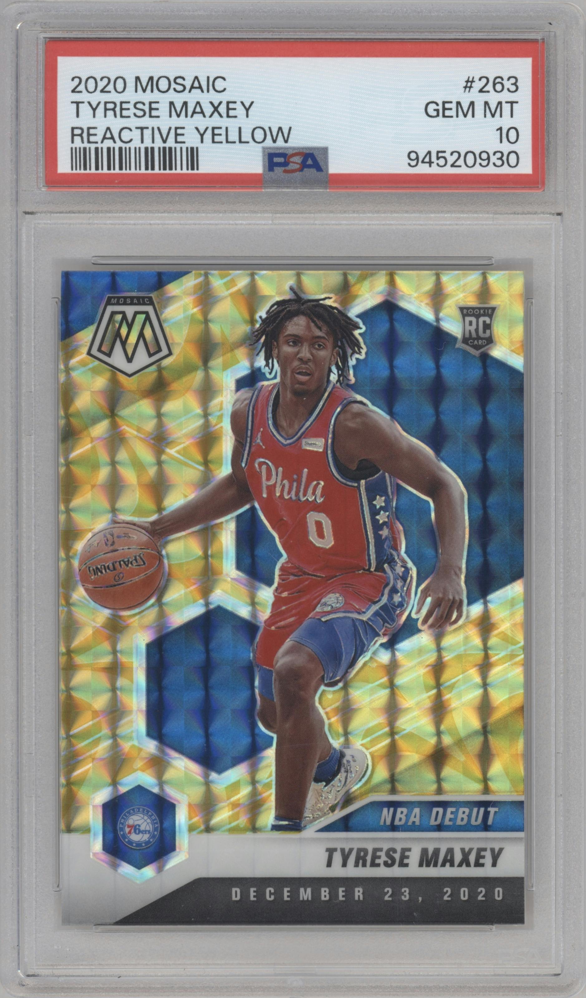Tyrese Maxey from the 2020-21 Panini Mosaic set featuring a Reactive Yellow parallel graded by PSA and given an overall grade of 10.