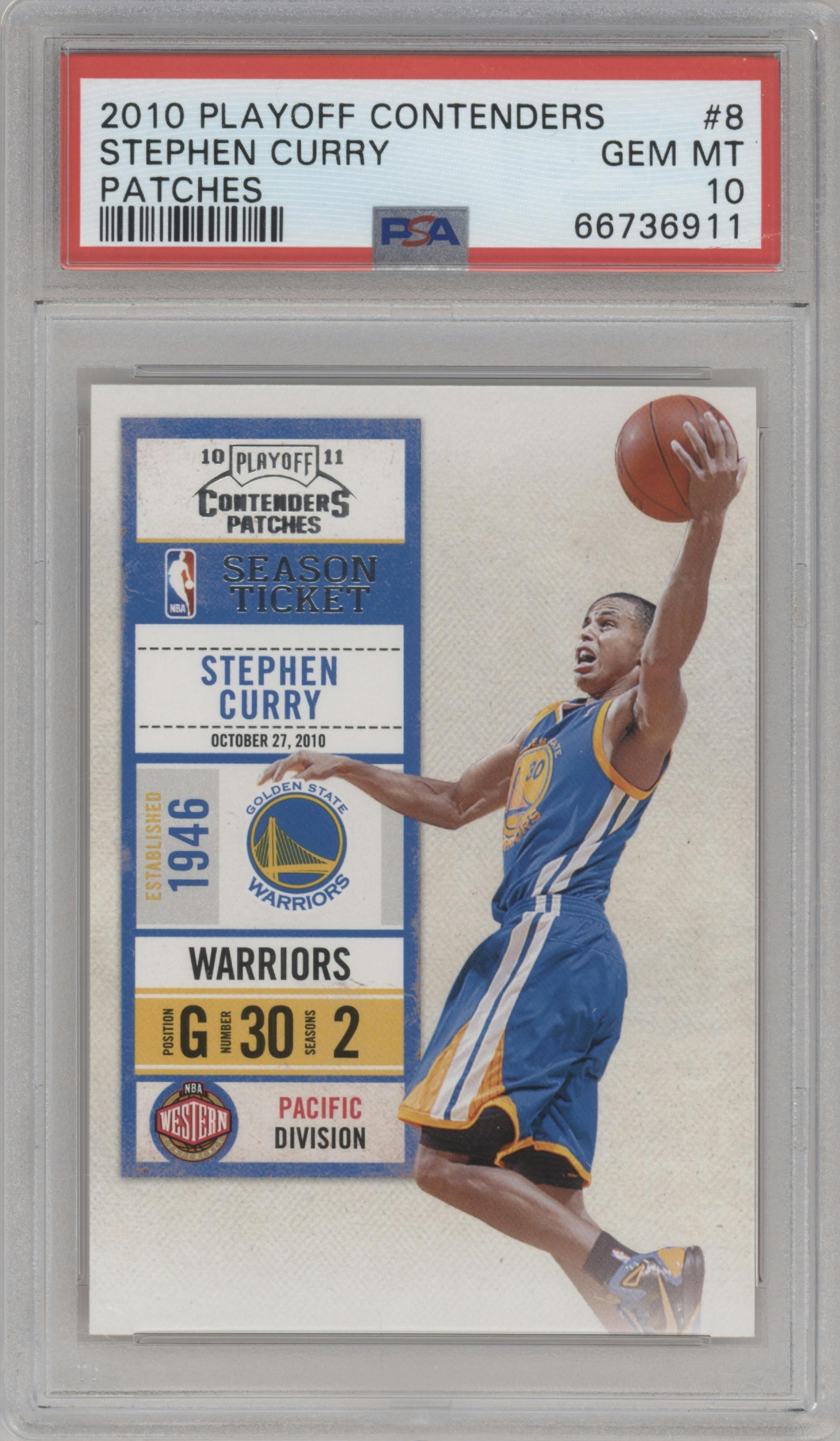 Stephen Curry from the 2010-11 Playoff Contenders Patches set graded by PSA and given an overall grade of 10.