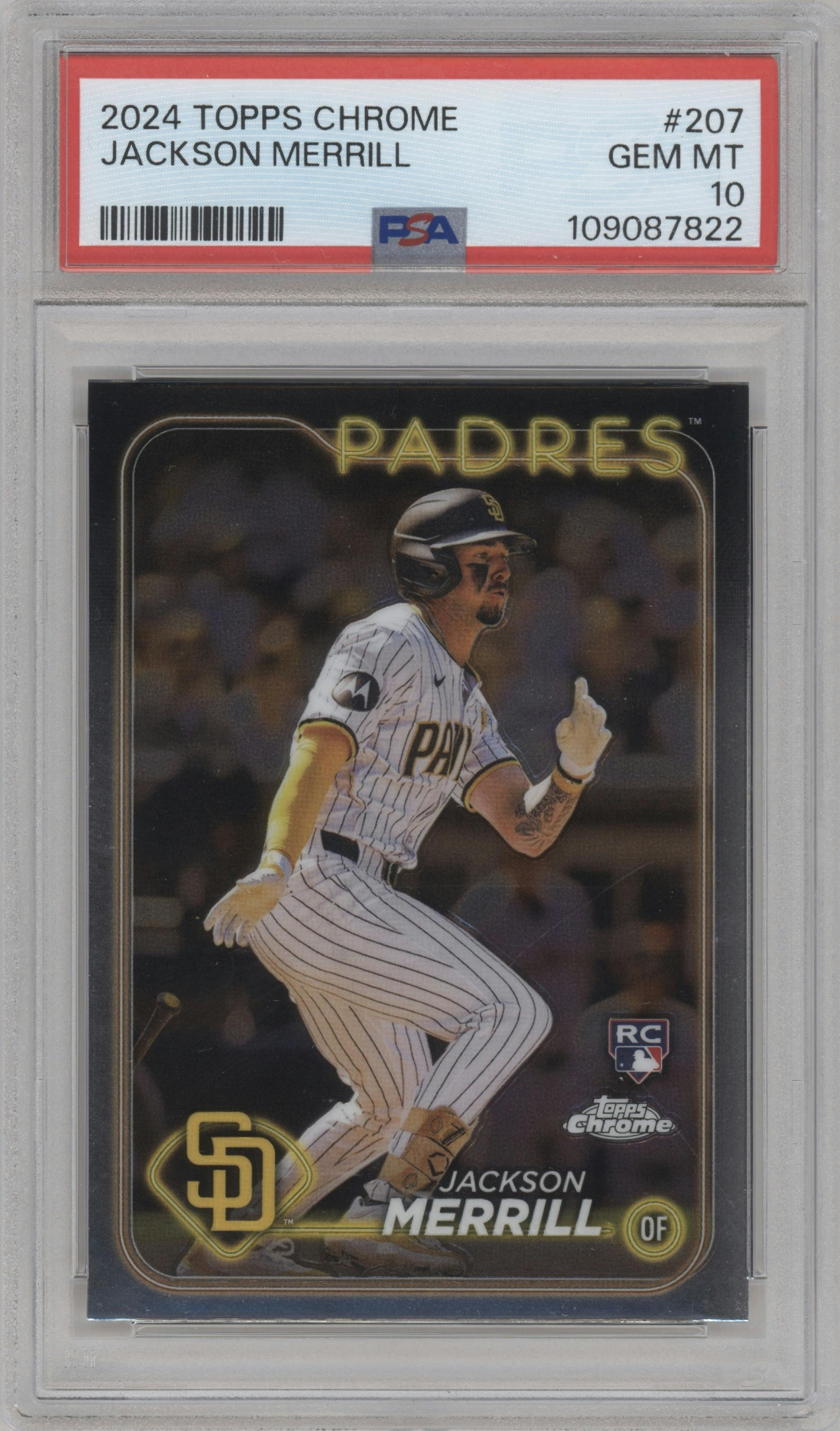 Jackson Merrill from the 2024 Topps Chrome set graded by PSA and given an overall grade of 10.