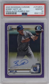 Bobby Witt Jr. from the 2020 Bowman set featuring a Purple Refractor parallel graded by PSA and given an overall grade of 10.