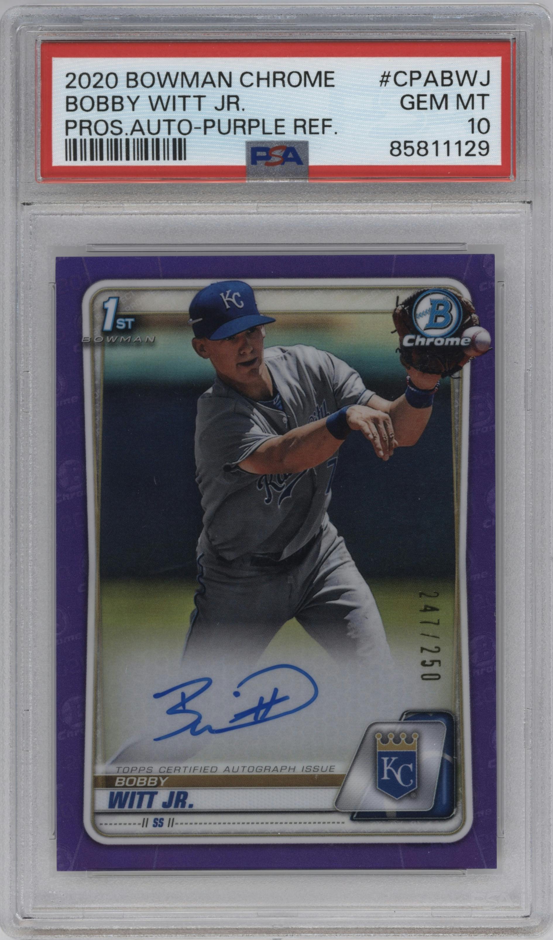 Bobby Witt Jr. from the 2020 Bowman set featuring a Purple Refractor parallel graded by PSA and given an overall grade of 10.