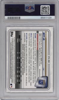 Bobby Witt Jr. from the 2020 Bowman set featuring a Purple Refractor parallel graded by PSA and given an overall grade of 10.