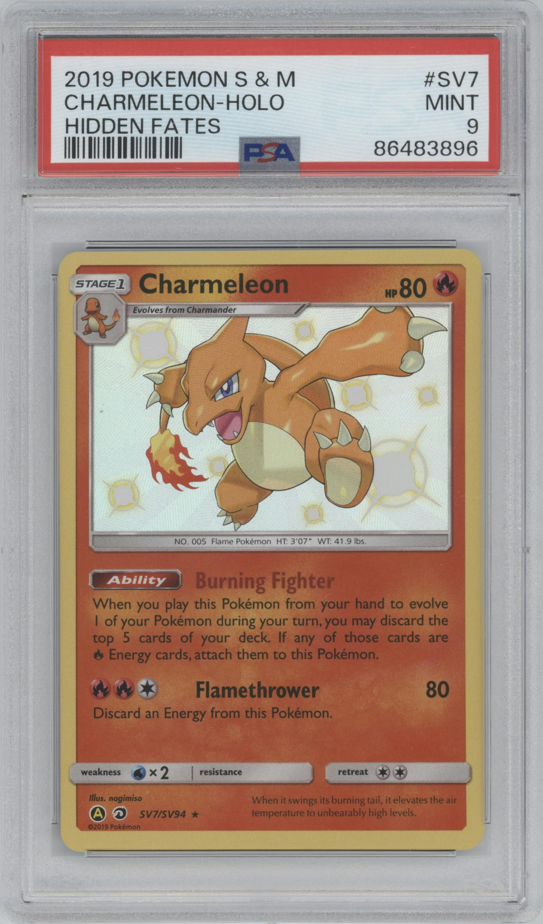 Charmeleon from the 2019 Pokemon S&M  set graded by PSA and given an overall grade of 9.