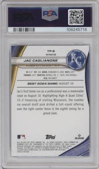 Jac Caglianone from the 2024 Bowman's Best set featuring a Refractor parallel graded by PSA and given an overall grade of 10.