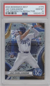 Jac Caglianone from the 2024 Bowman's Best set featuring a Refractor parallel graded by PSA and given an overall grade of 10.