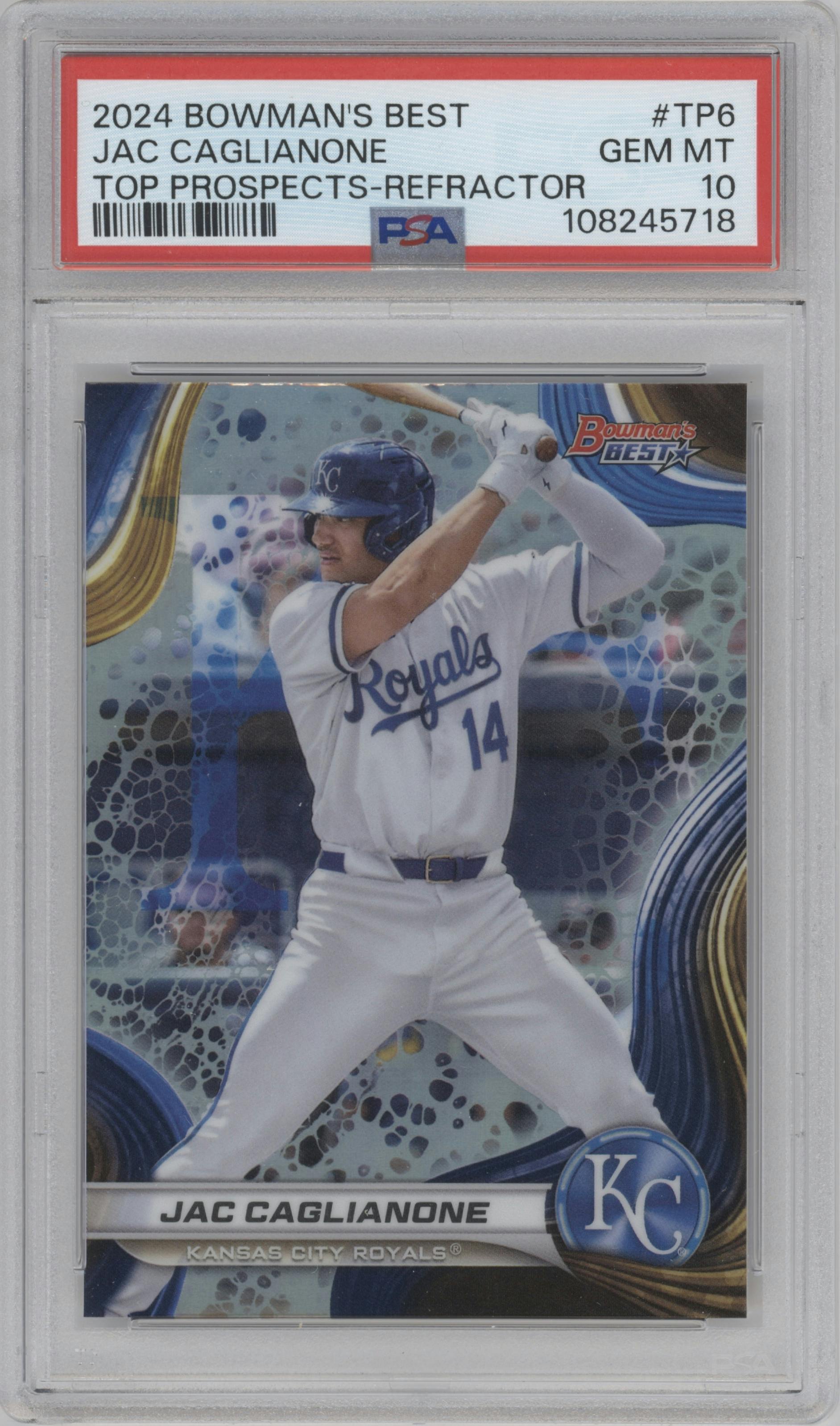Jac Caglianone from the 2024 Bowman's Best set featuring a Refractor parallel graded by PSA and given an overall grade of 10.
