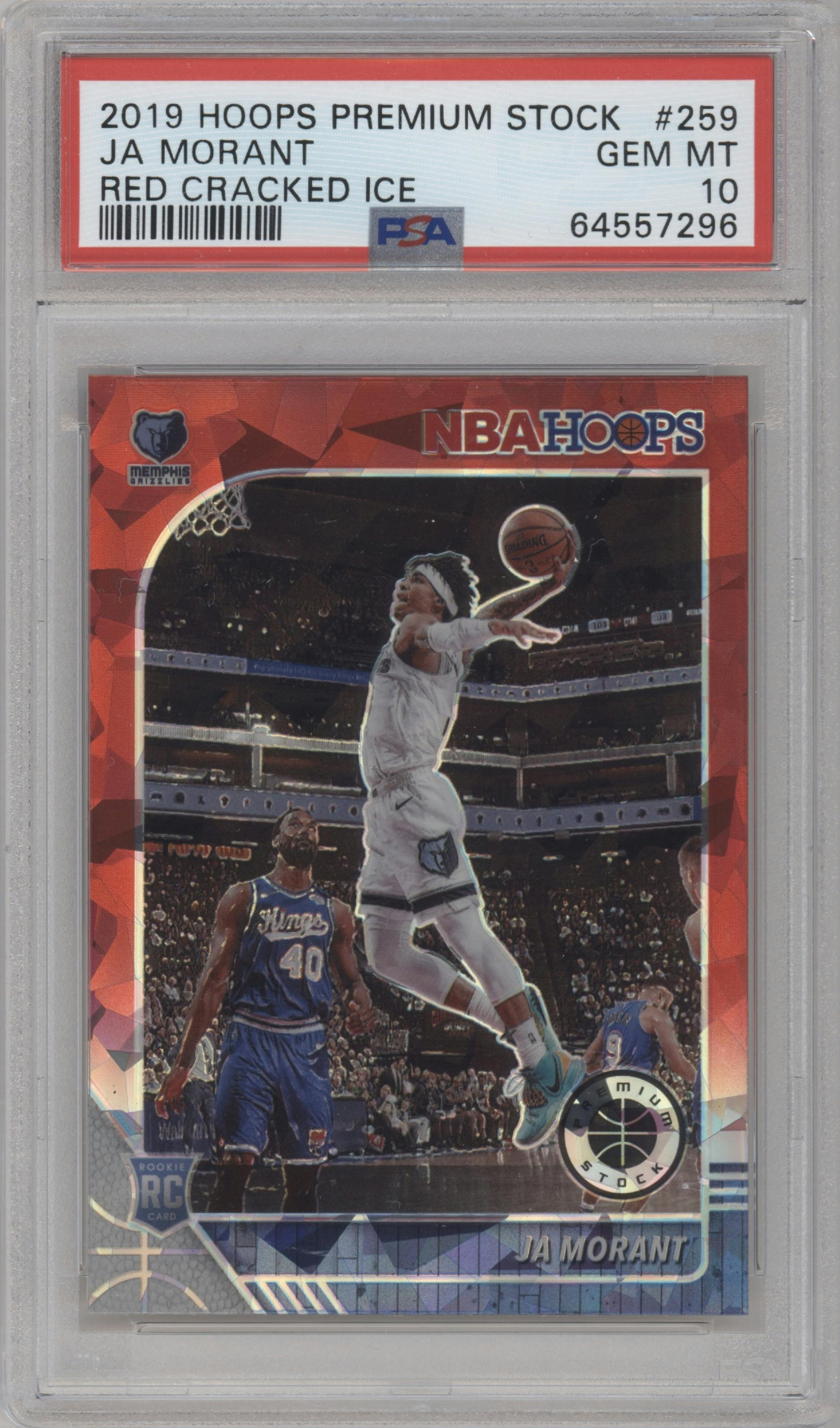Ja Morant from the 2019-20 Panini Hoops Premium Stock set featuring a Red Cracked Ice parallel graded by PSA and given an overall grade of 10.