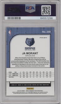 Ja Morant from the 2019-20 Panini Hoops Premium Stock set featuring a Red Cracked Ice parallel graded by PSA and given an overall grade of 10.