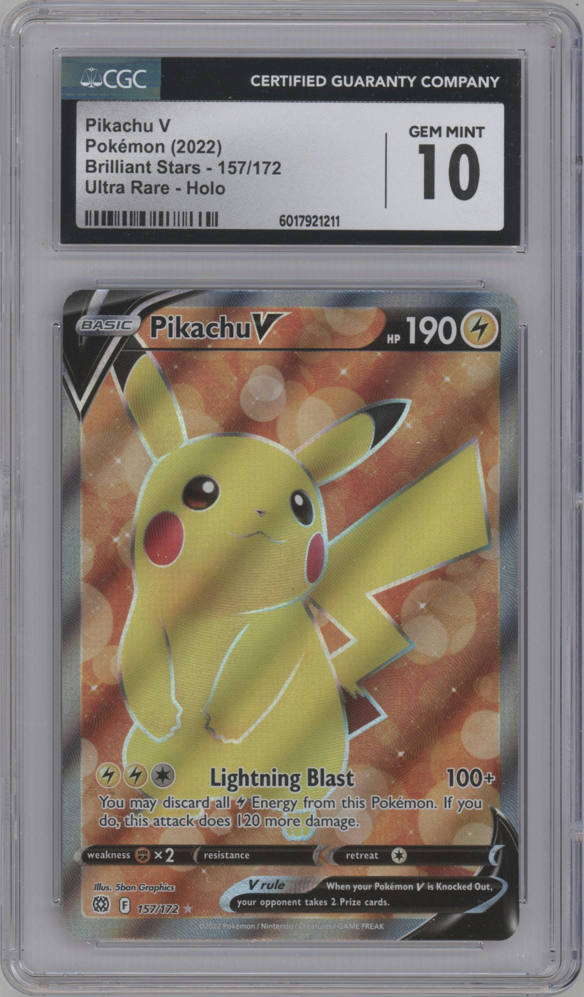 Pikachu V from the 2022 Pokemon SWSH set graded by CSG and given an overall grade of 10.