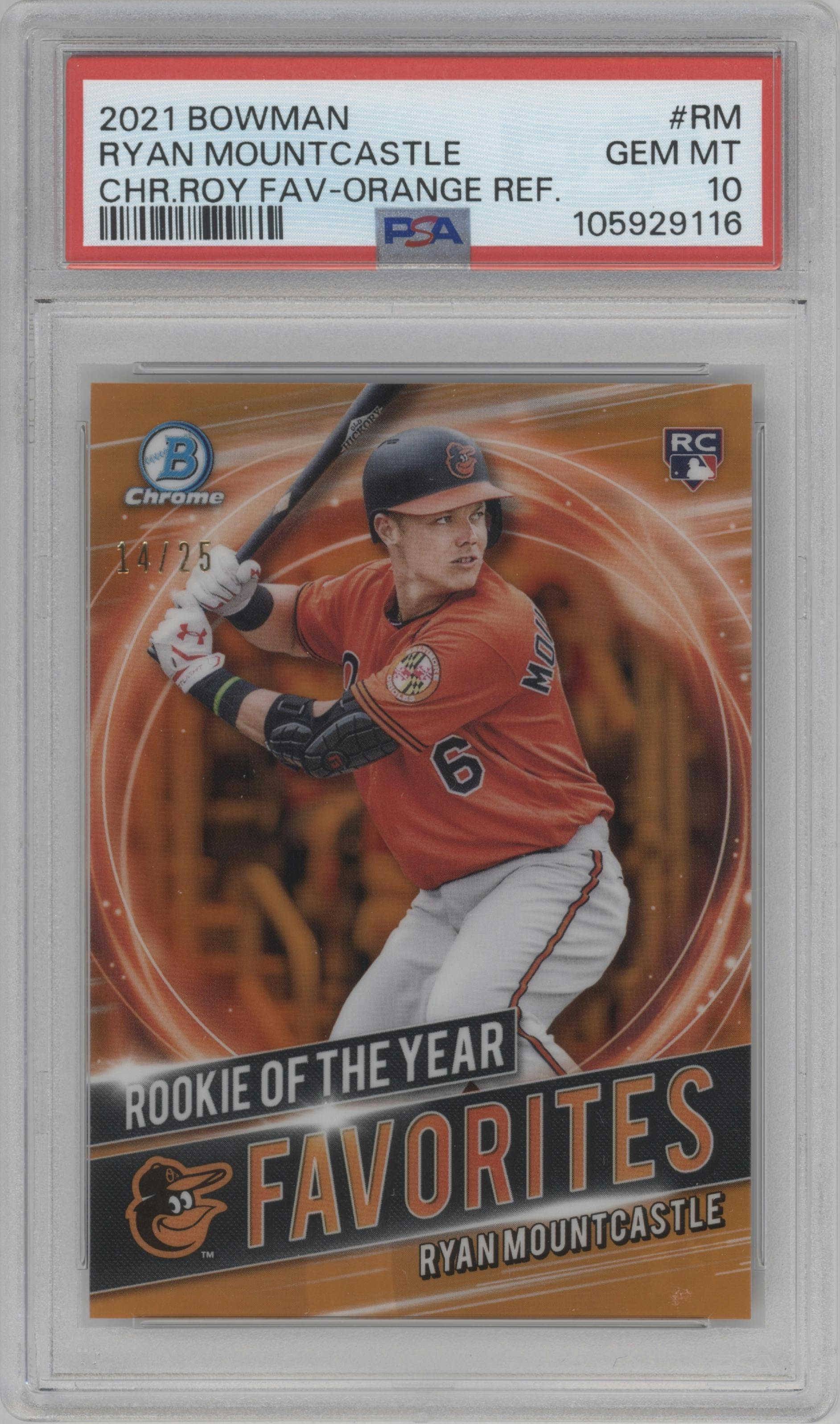 Ryan Mountcastle from the 2021 Bowman set featuring a Orange Refractor parallel graded by PSA and given an overall grade of 10.