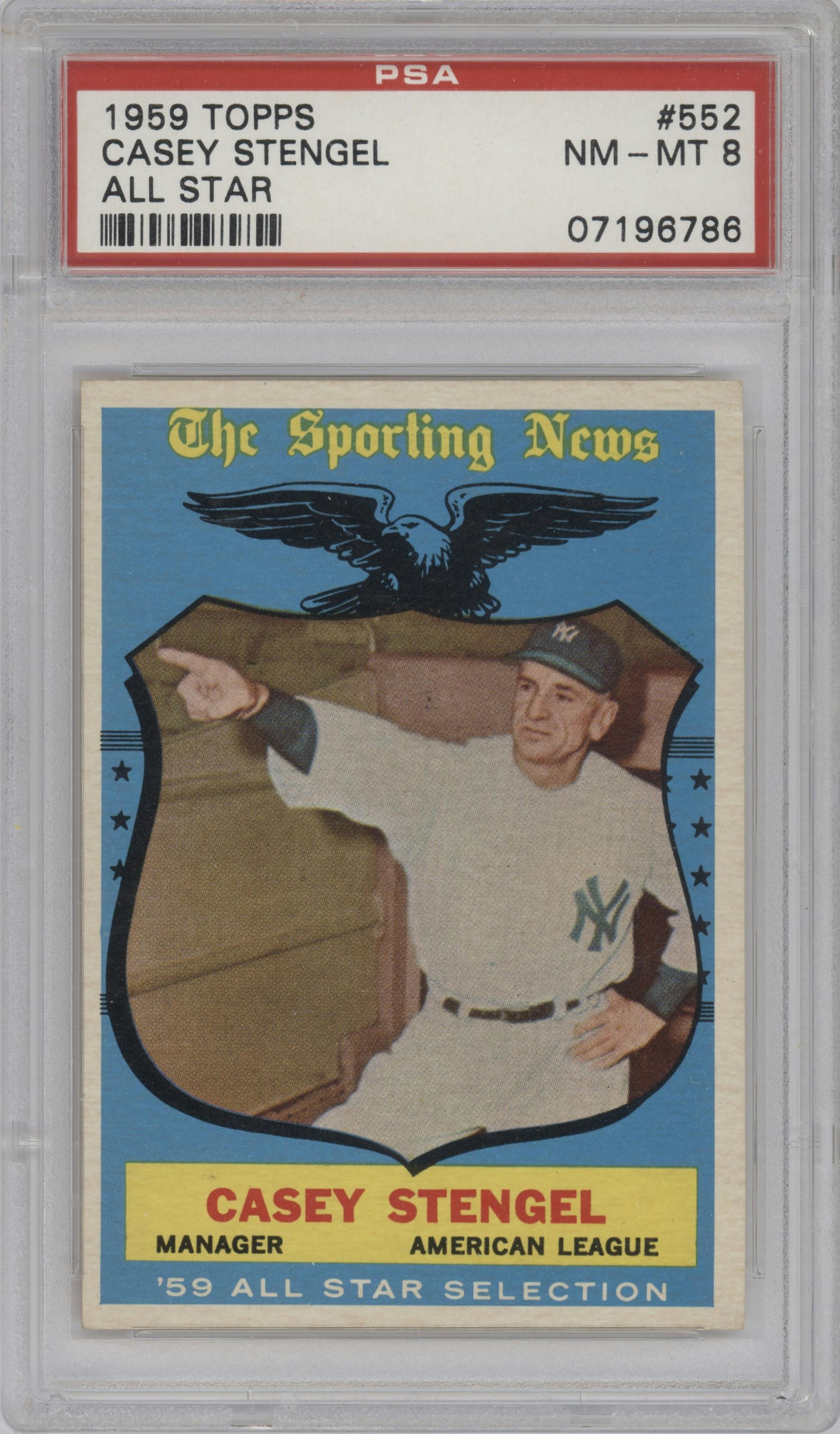 Casey Stengel from the 1959 Topps set graded by PSA and given an overall grade of 8.