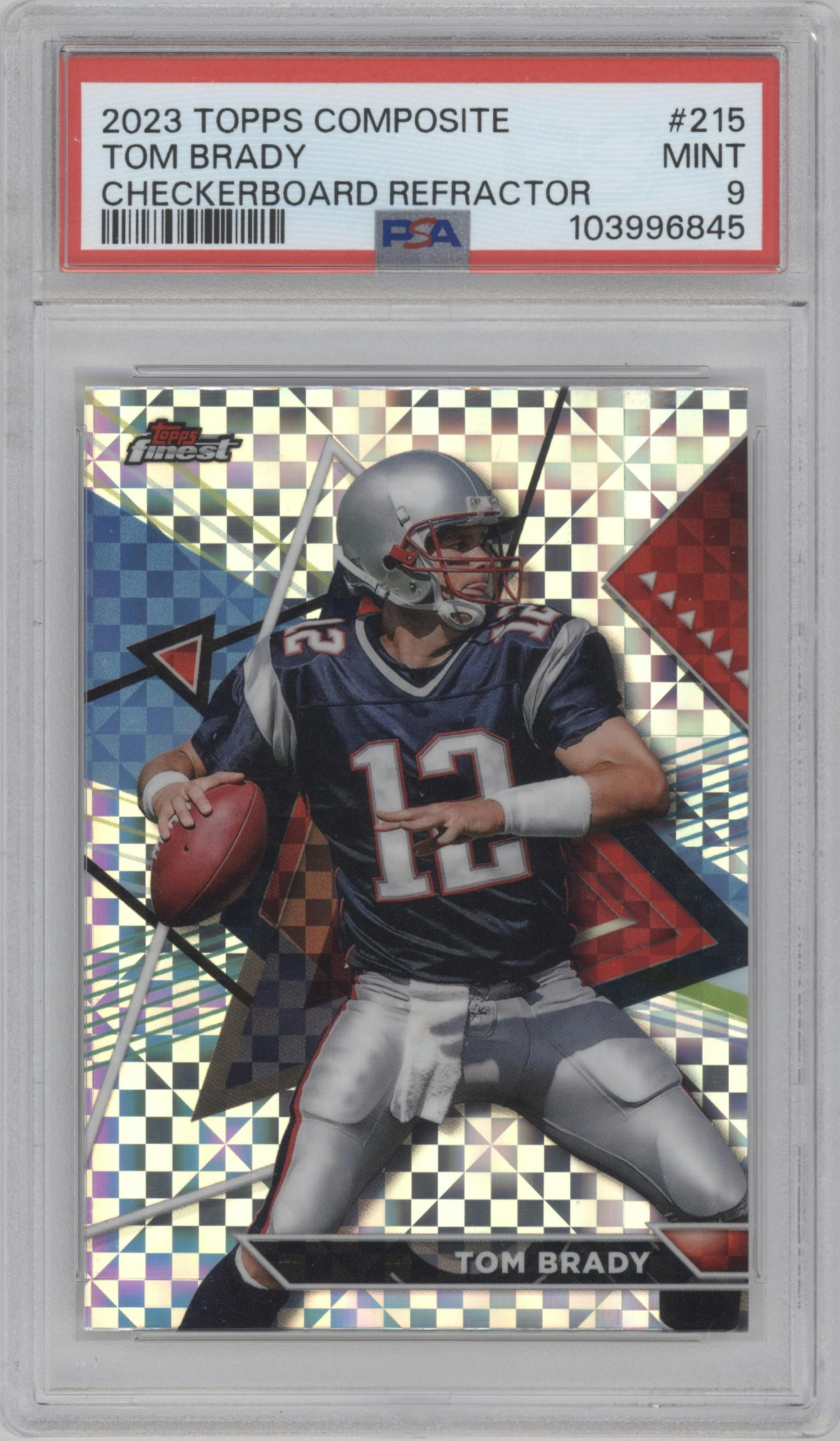 Tom Brady from the 2023 Topps Composite set featuring a Checkerboard parallel graded by PSA and given an overall grade of 9.
