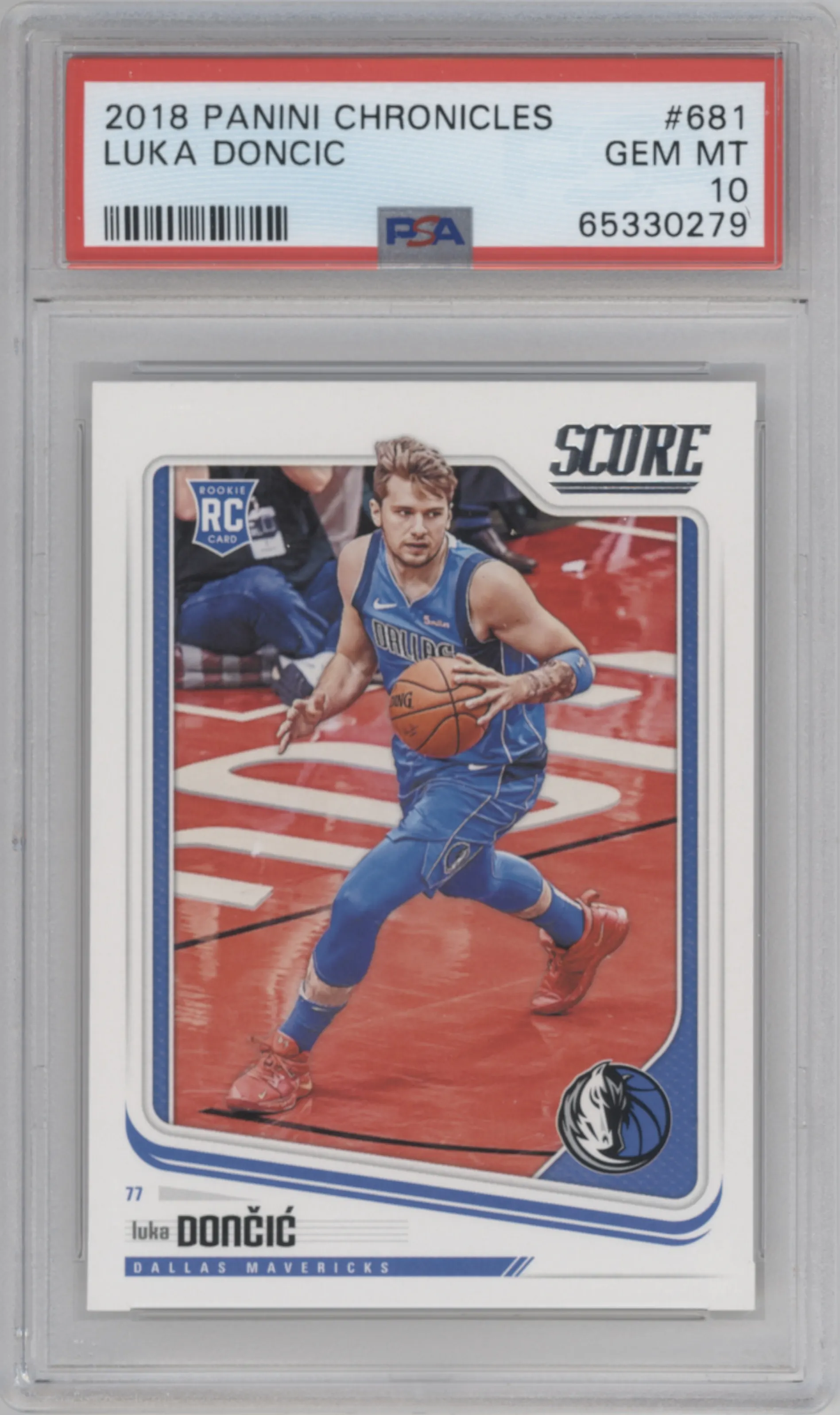 Luka Doncic from the 2018-19 Panini Chronicles set graded by PSA and given an overall grade of 10.