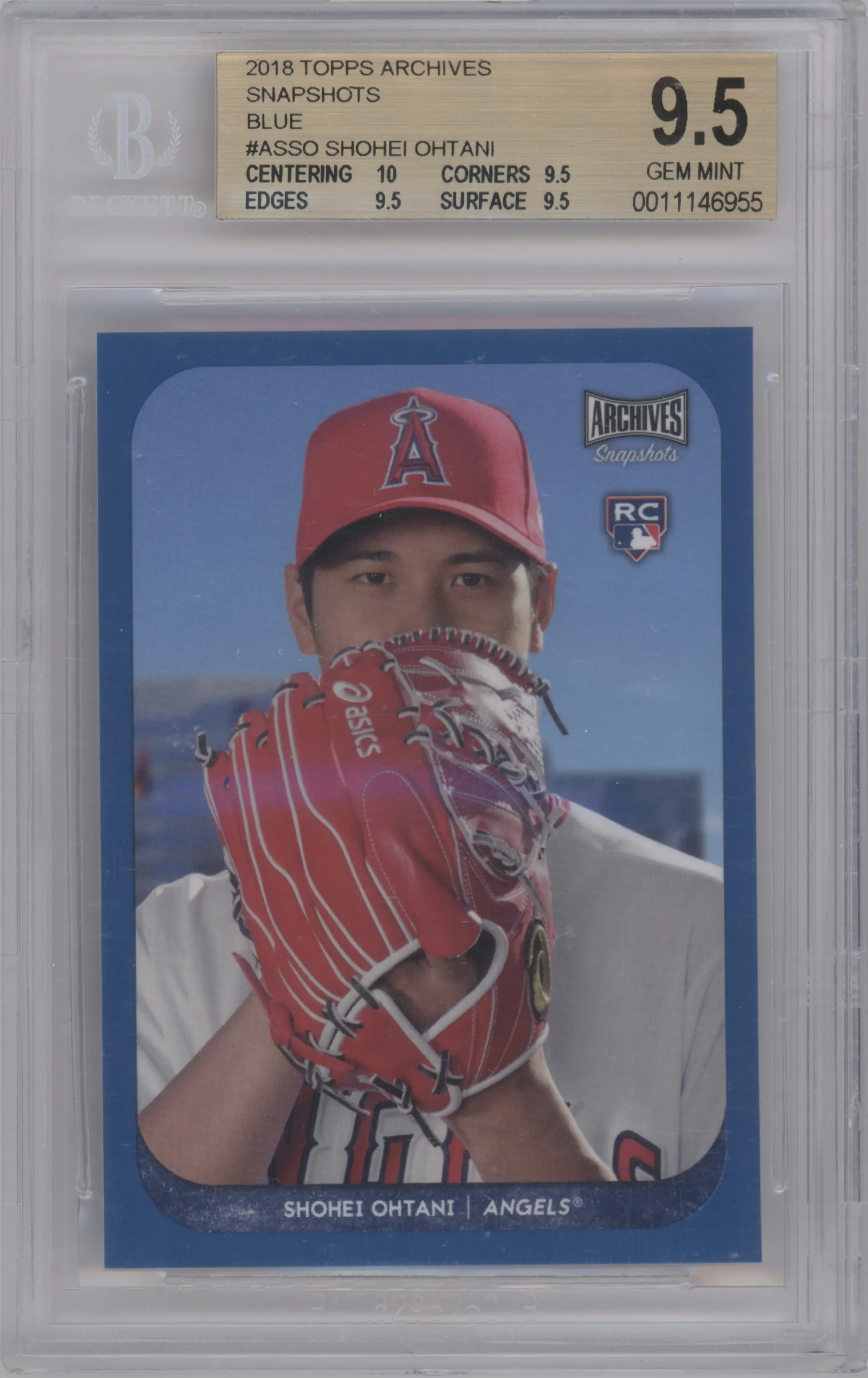 Shohei Ohtani from the 2018 Topps Archives Snapshots set featuring a Blue parallel graded by Beckett and given an overall grade of 9.5.