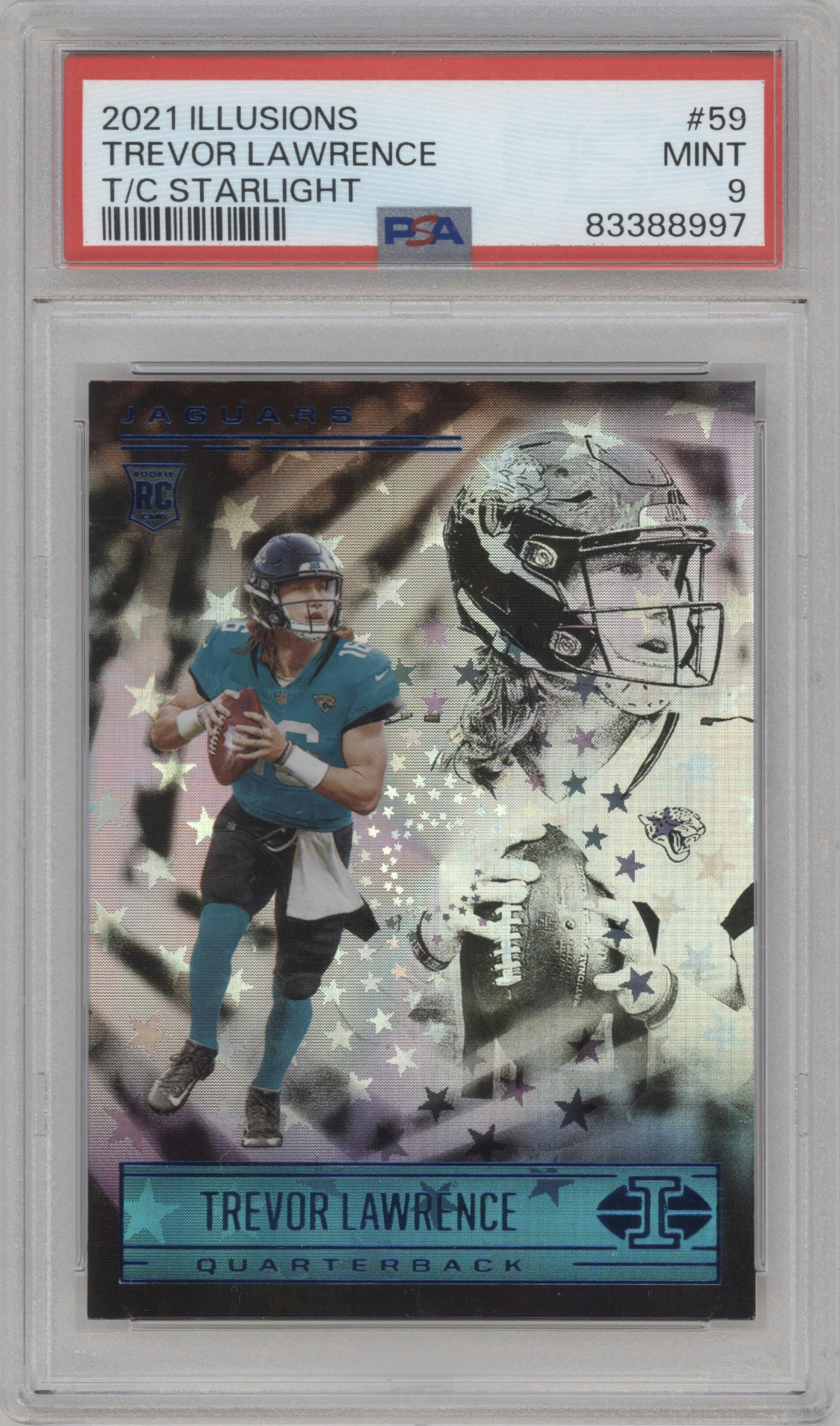 Trevor Lawrence from the 2021 Panini Illusions set featuring a Trophy Collection Starlight parallel graded by PSA and given an overall grade of 9.