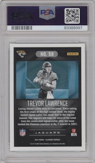 Trevor Lawrence from the 2021 Panini Illusions set featuring a Trophy Collection Starlight parallel graded by PSA and given an overall grade of 9.