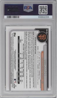 Luis Matos from the 2024 Bowman set featuring a Mini-Diamond Refractor parallel graded by PSA and given an overall grade of 10.