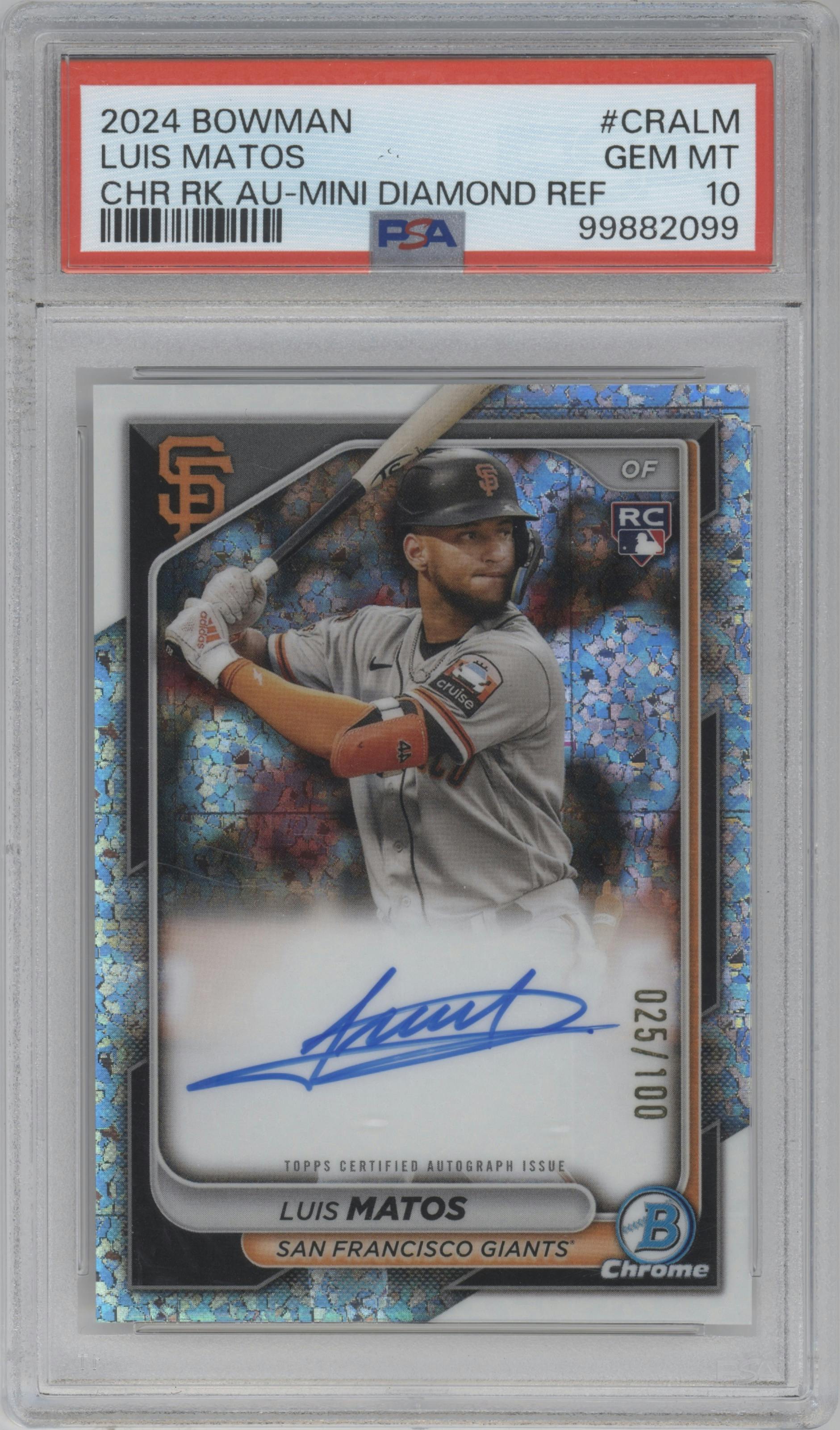 Luis Matos from the 2024 Bowman set featuring a Mini-Diamond Refractor parallel graded by PSA and given an overall grade of 10.