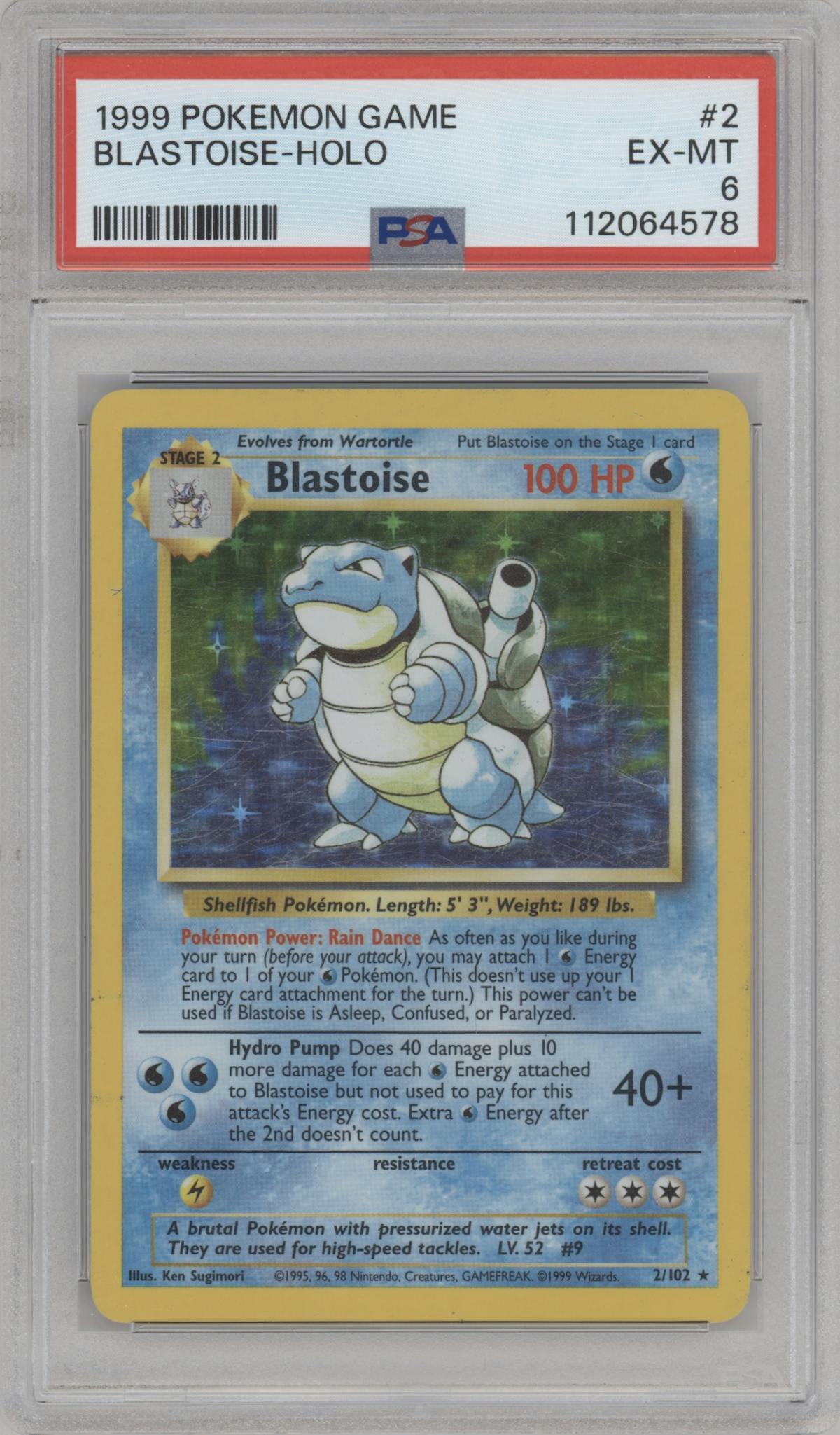 Blastoise from the 1999 Pokemon set graded by PSA and given an overall grade of 6.