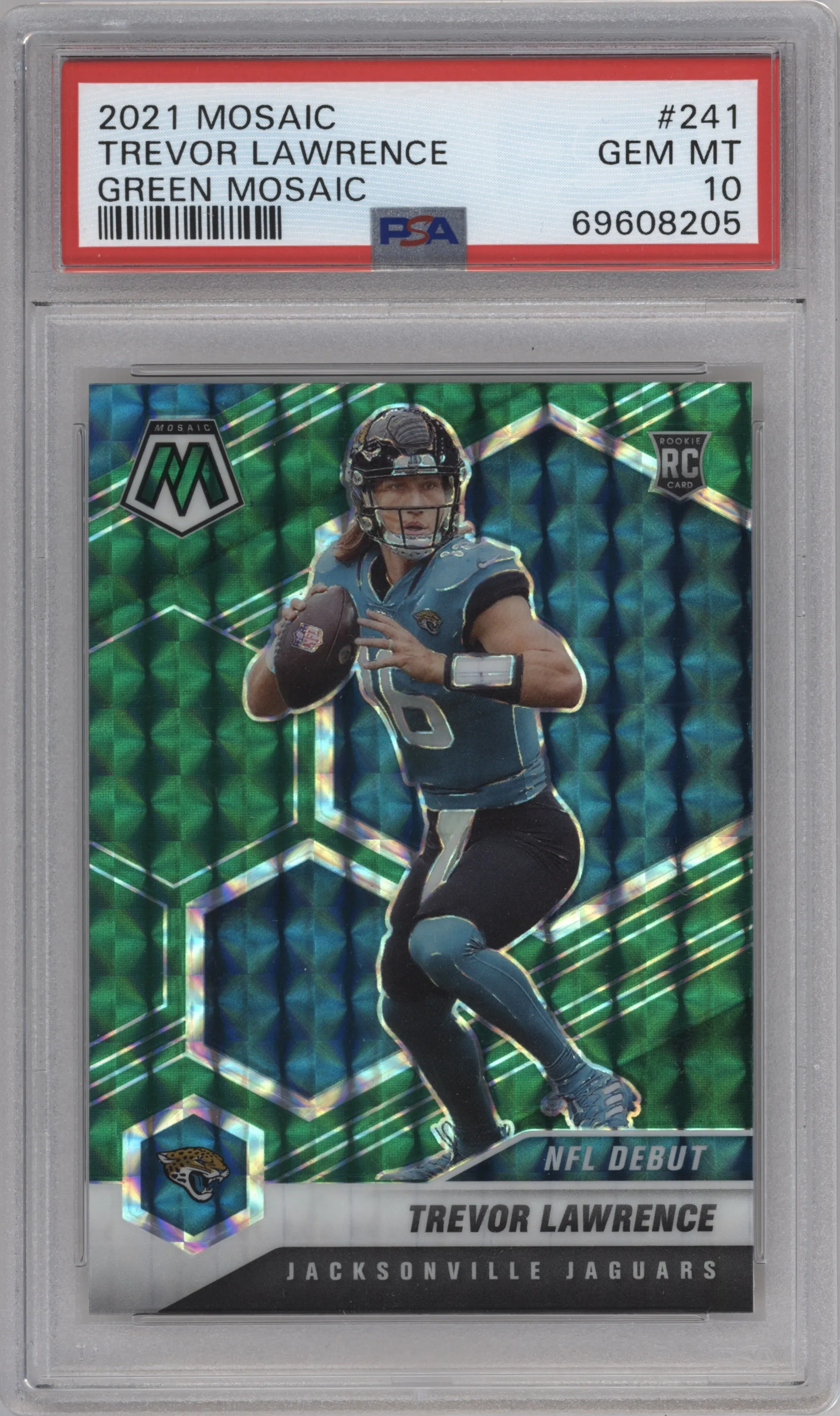 Trevor Lawrence from the 2021 Panini Mosaic set featuring a Green Mosaic parallel graded by PSA and given an overall grade of 10.