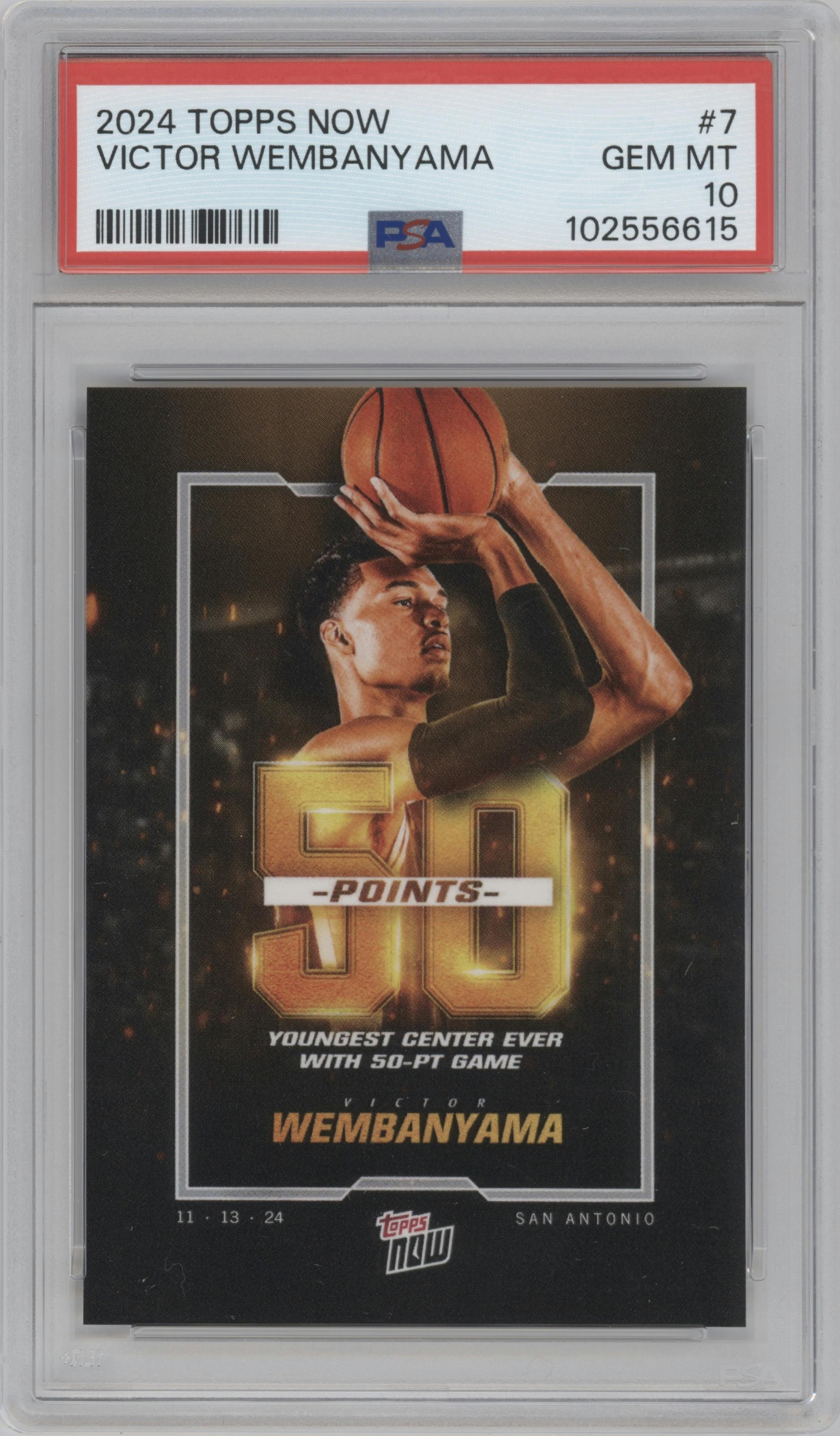 Victor Wembanyama from the 2024-25 Topps Now set graded by PSA and given an overall grade of 10.