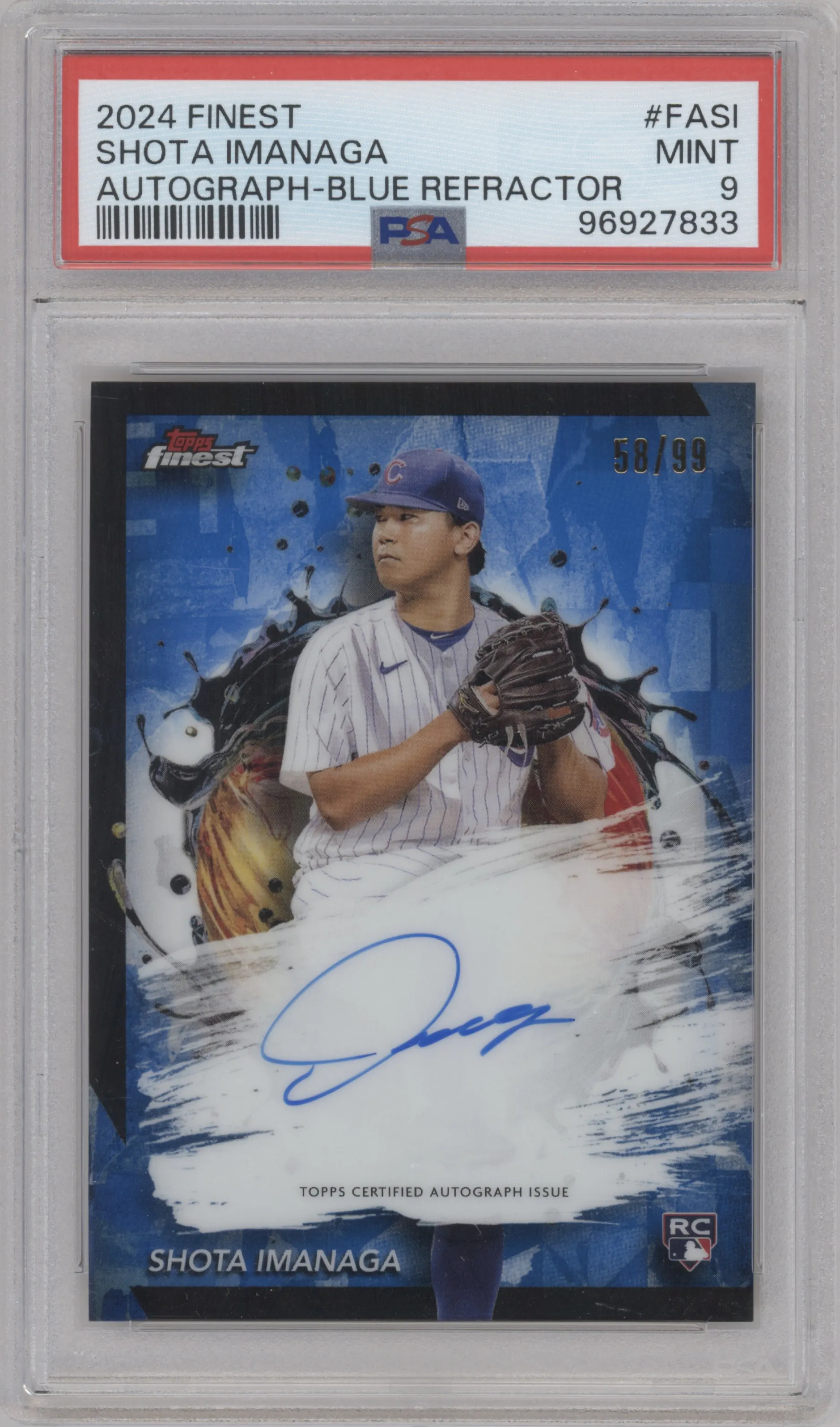 Shota Imanaga from the 2024 Topps Finest set featuring a Blue Refractor parallel graded by PSA and given an overall grade of 9.