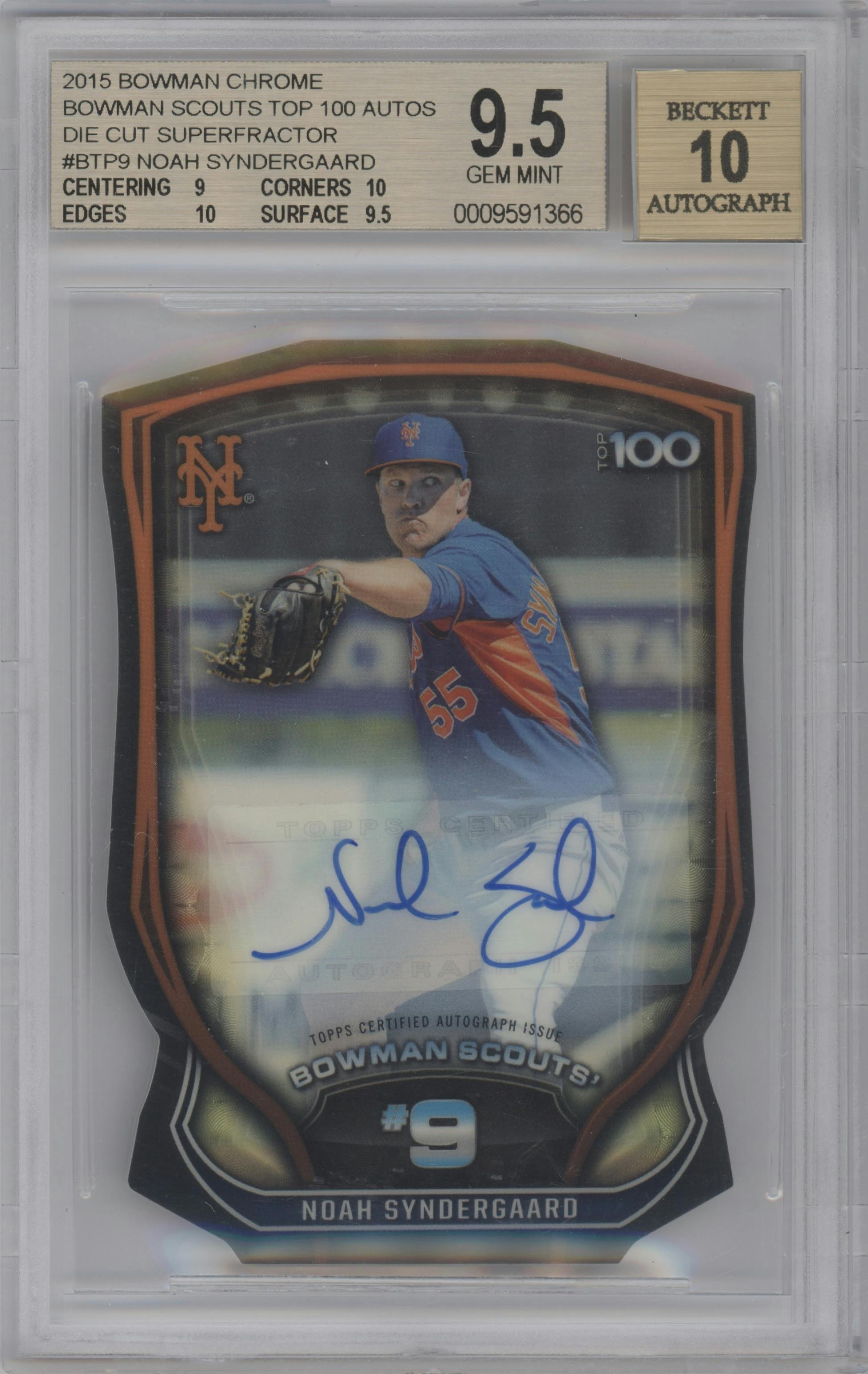 Noah Syndergaard from the 2015 Bowman set featuring a Superfractor parallel graded by Beckett and given an overall grade of 9.5.