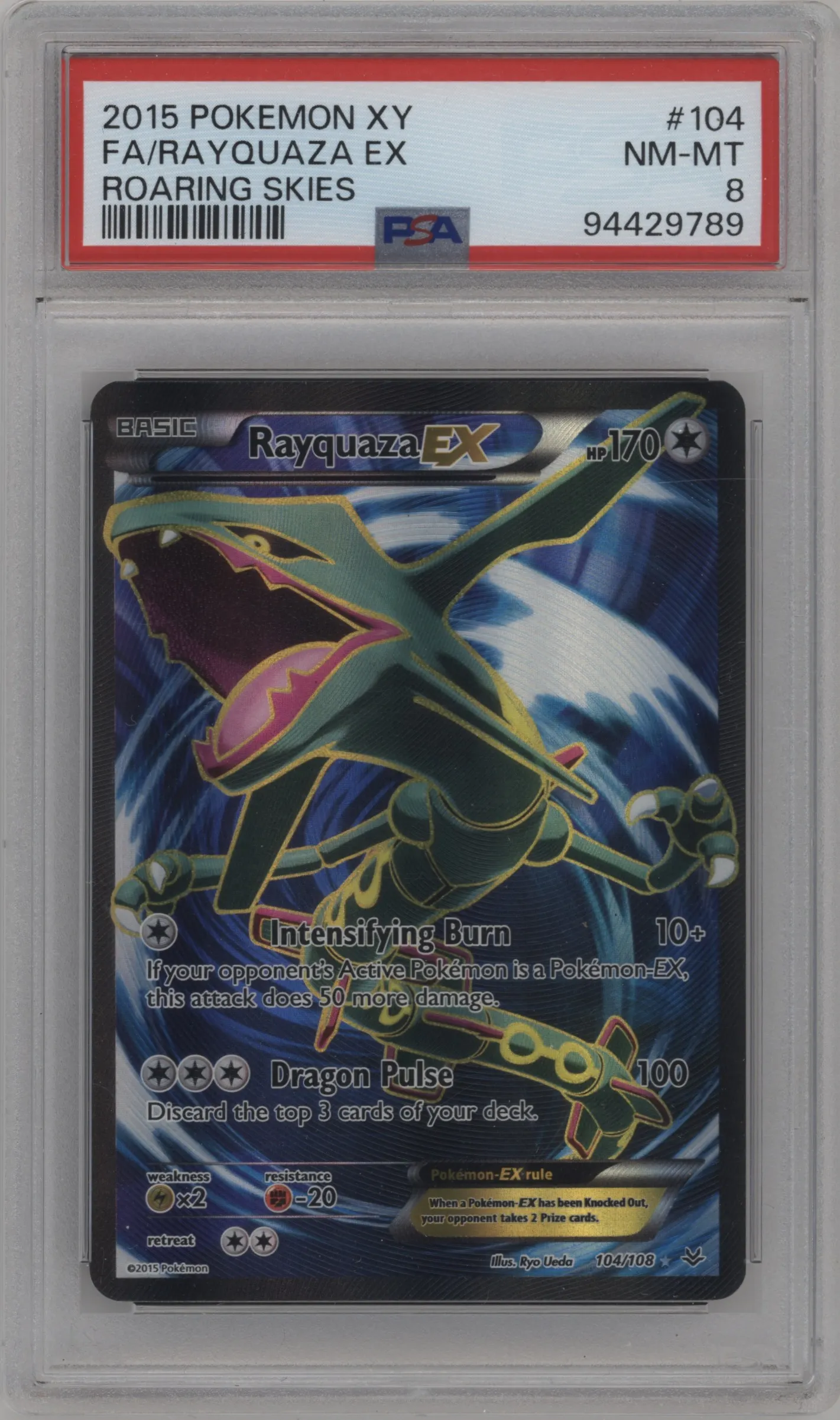 2015 Pokemon XY Roaring Skies Rayquaza EX #104 PSA 8