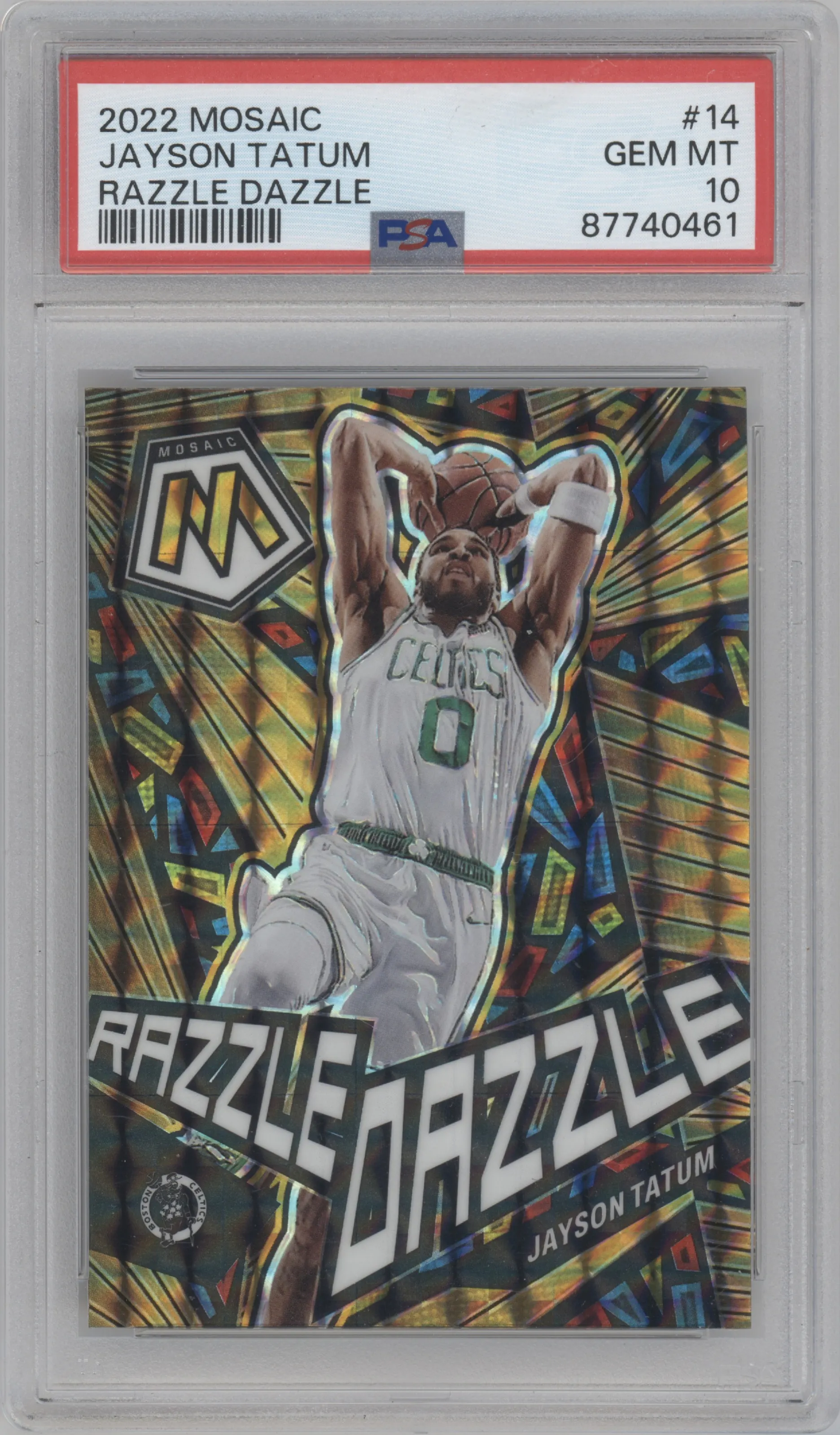 Jayson Tatum from the 2022-23 Panini Mosaic set graded by PSA and given an overall grade of 10.