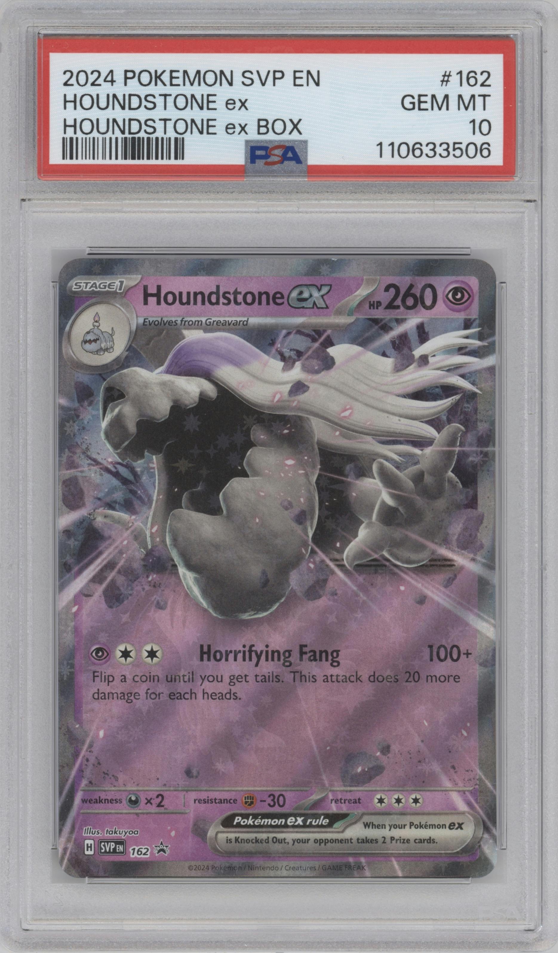 Houndstone ex from the 2024 Pokemon SV set featuring a Houndstone ex Box parallel graded by PSA and given an overall grade of 10.