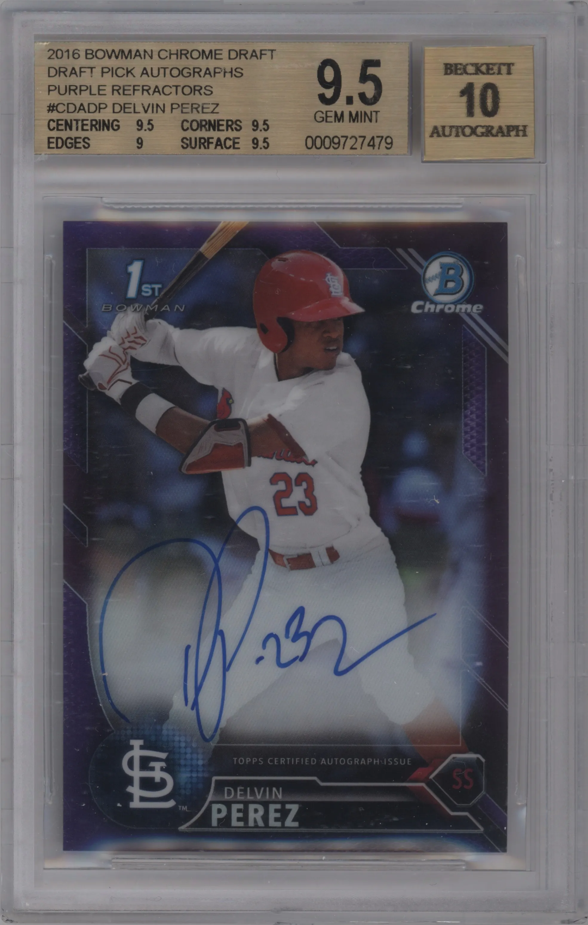 2016 Bowman Draft Chr.Auto Delvin Perez Purple Refractor BGS 9.5
