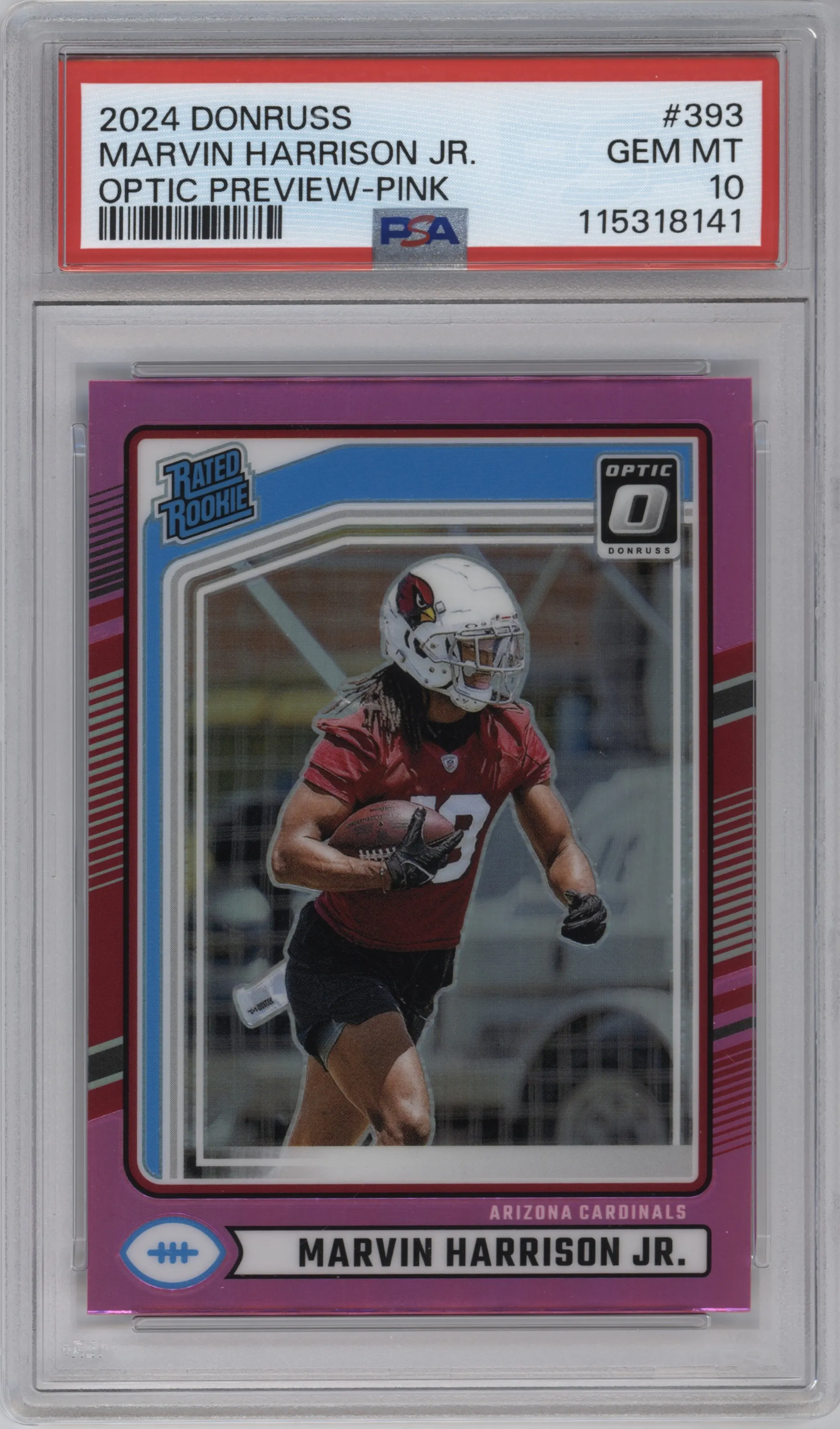 Marvin Harrison Jr. from the 2024 Donruss set featuring a Pink parallel graded by PSA and given an overall grade of 10.