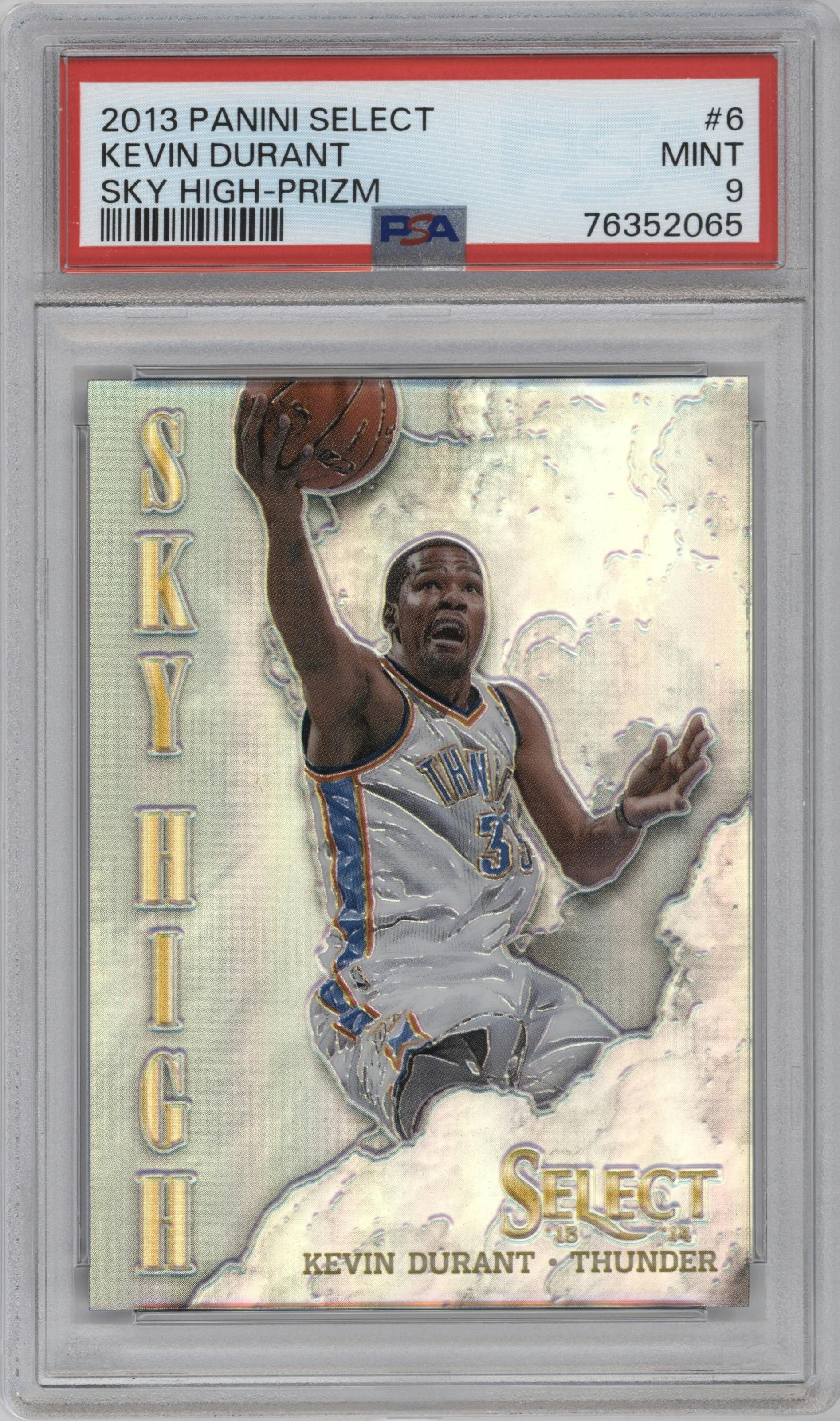 Kevin Durant from the 2013-14 Panini Select set featuring a Prizm parallel graded by PSA and given an overall grade of 9.