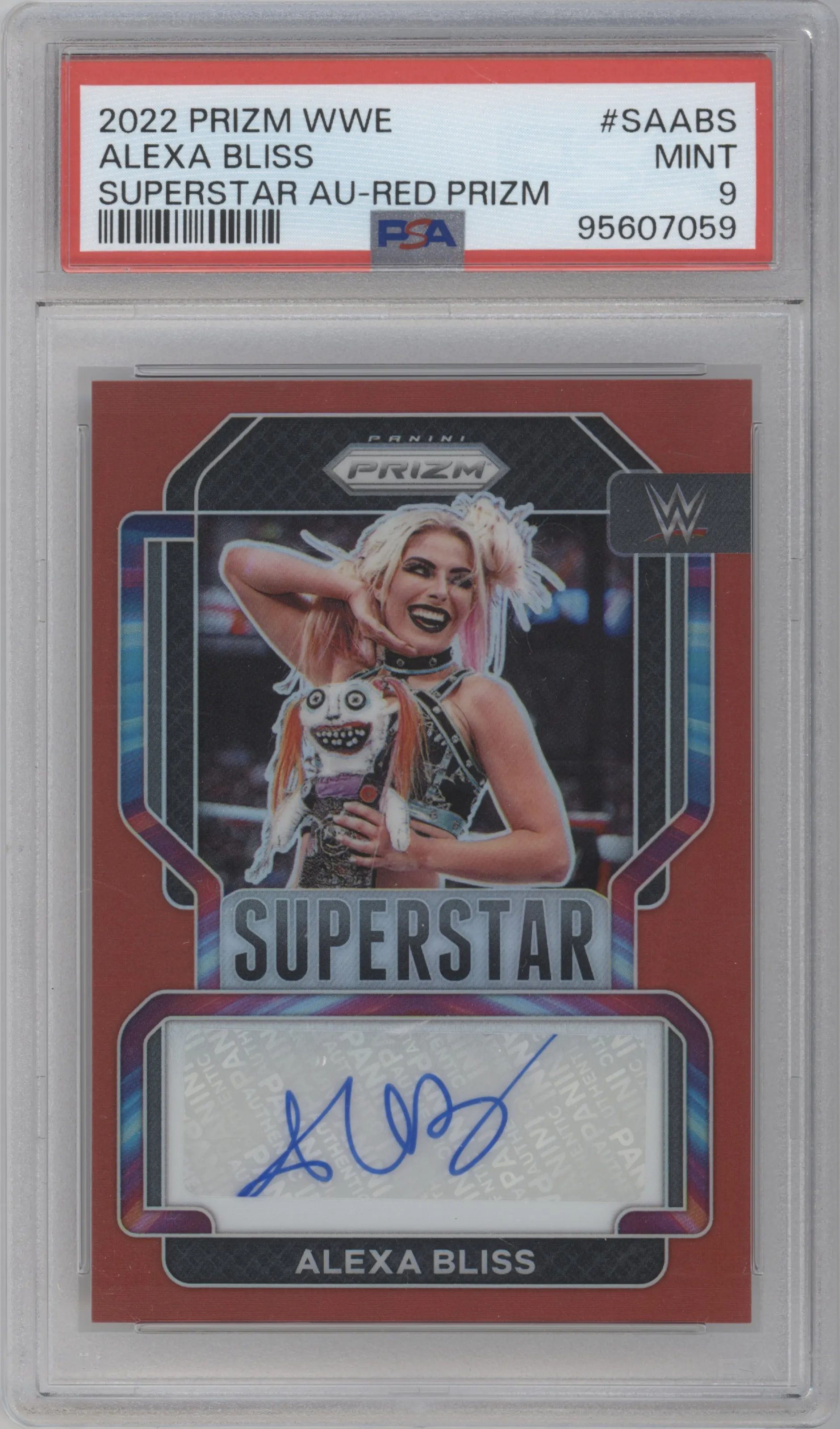 Alexa Bliss from the 2022 Panini Prizm WWE set featuring a Red Prizm parallel graded by PSA and given an overall grade of 9.