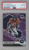 Javonte Williams from the 2021 Panini Mosaic set featuring a No Huddle Purple parallel graded by PSA and given an overall grade of 10.