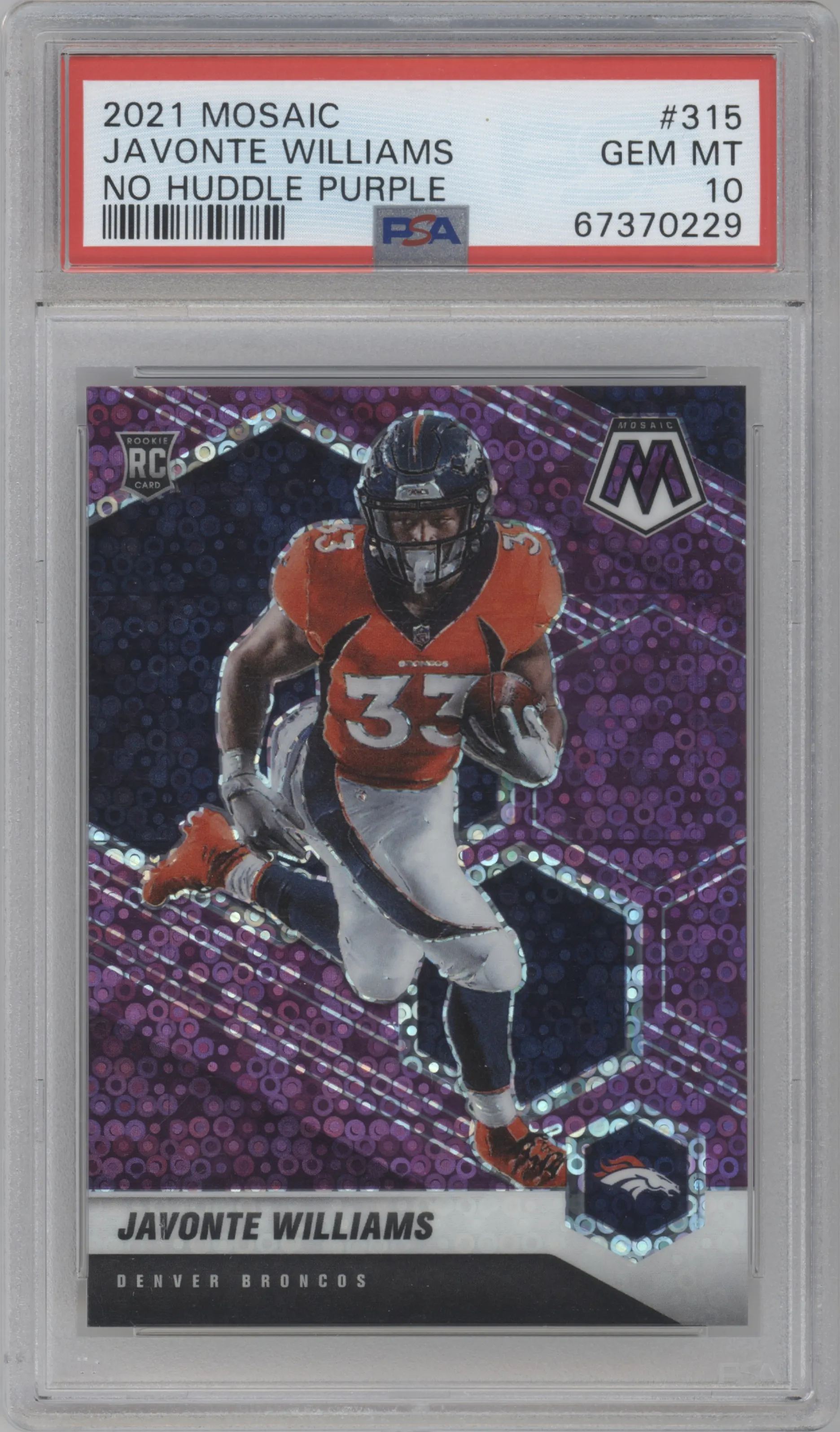2021 Panini Mosaic Javonte Williams No Huddle Purple PSA 10