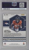 Javonte Williams from the 2021 Panini Mosaic set featuring a No Huddle Purple parallel graded by PSA and given an overall grade of 10.