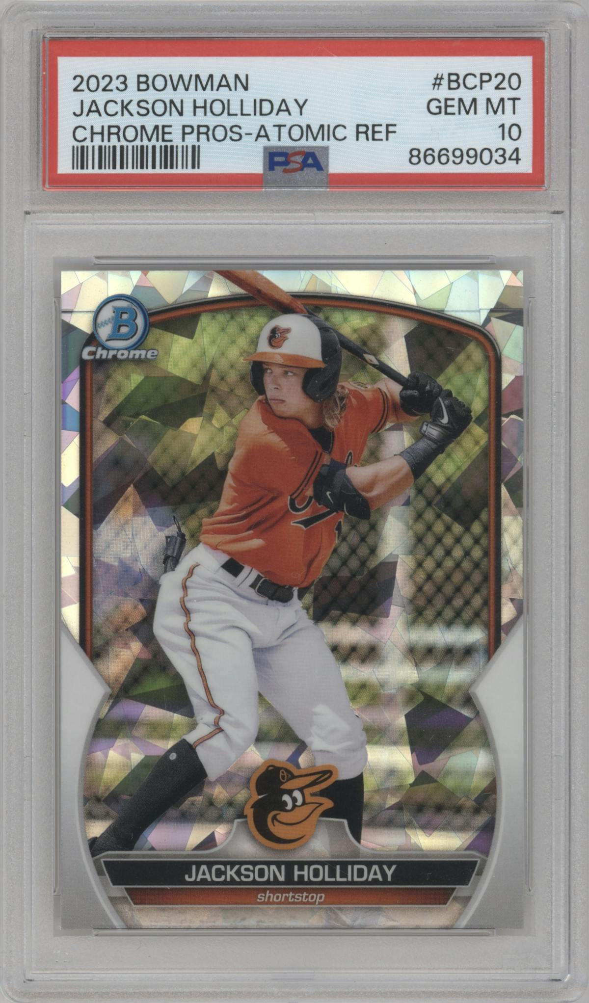 Jackson Holliday from the 2023 Bowman  set featuring a Atomic Refractor parallel graded by PSA and given an overall grade of 10.