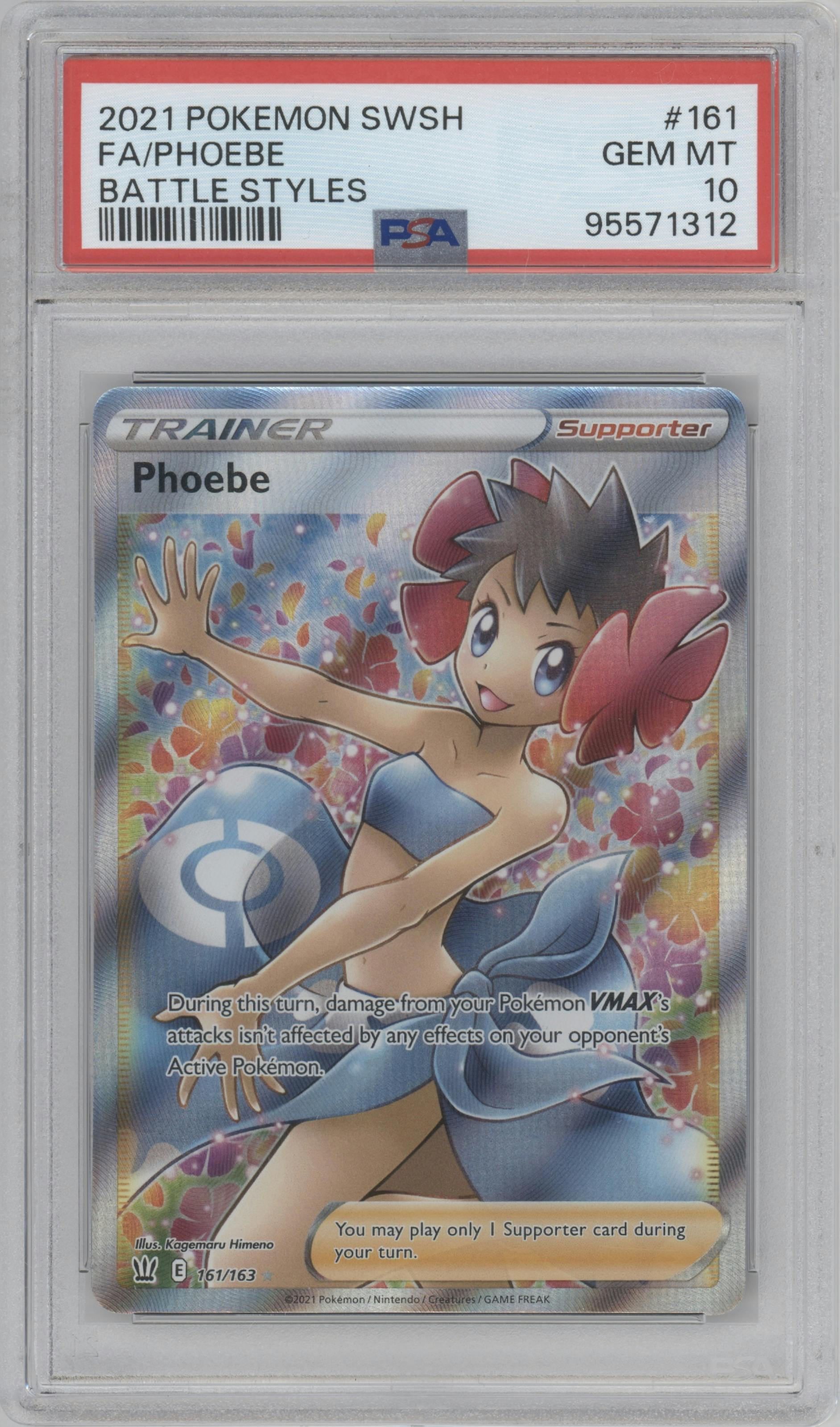 Phoebe from the 2021 Pokemon SWSH set graded by PSA and given an overall grade of 10.