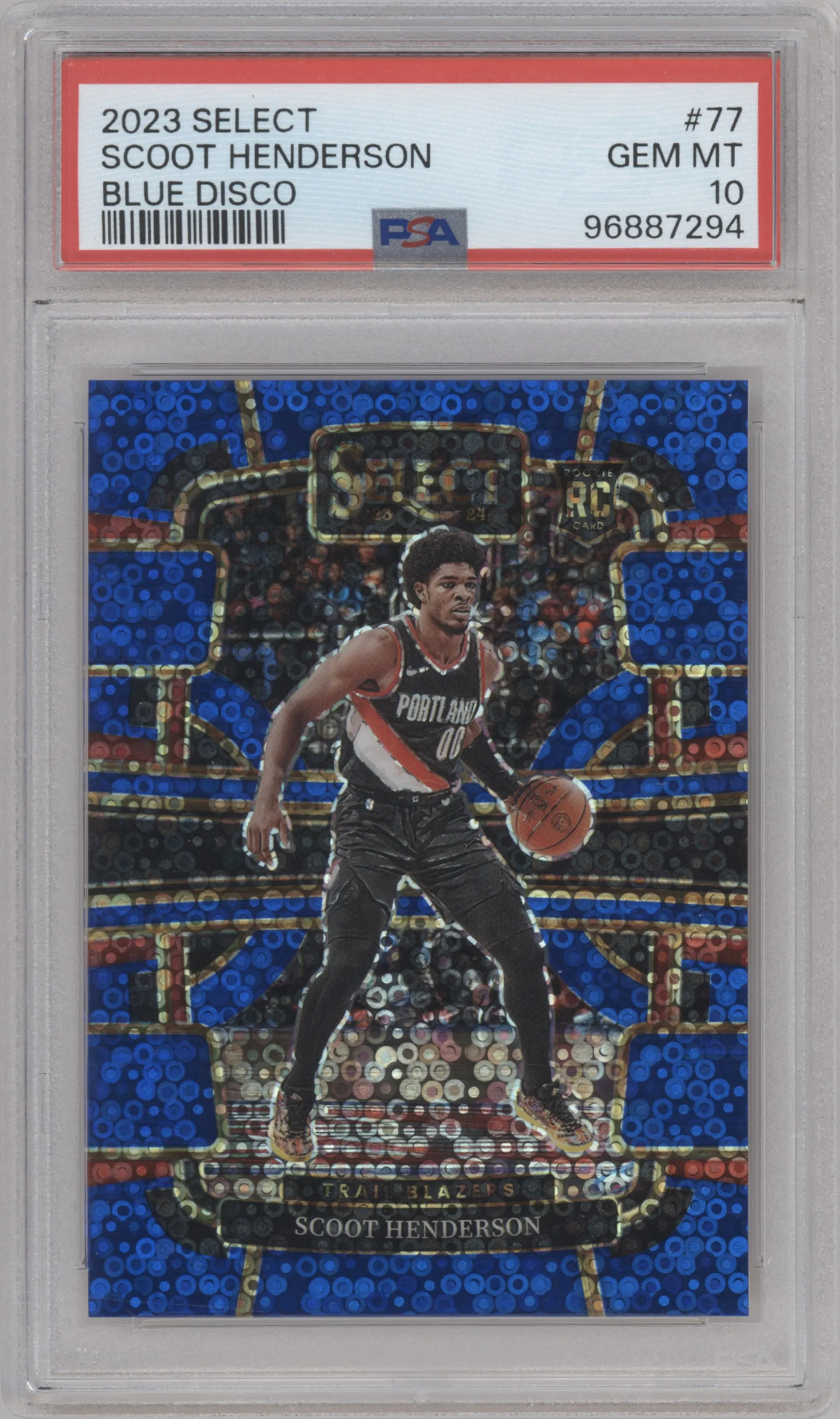 Scoot Henderson from the 2023-24 Panini Select  set featuring a Blue Disco  parallel graded by PSA and given an overall grade of 10.