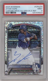 Zyhir Hope from the 2025 Bowman set featuring a Speckle Refractor parallel graded by PSA and given an overall grade of 9.