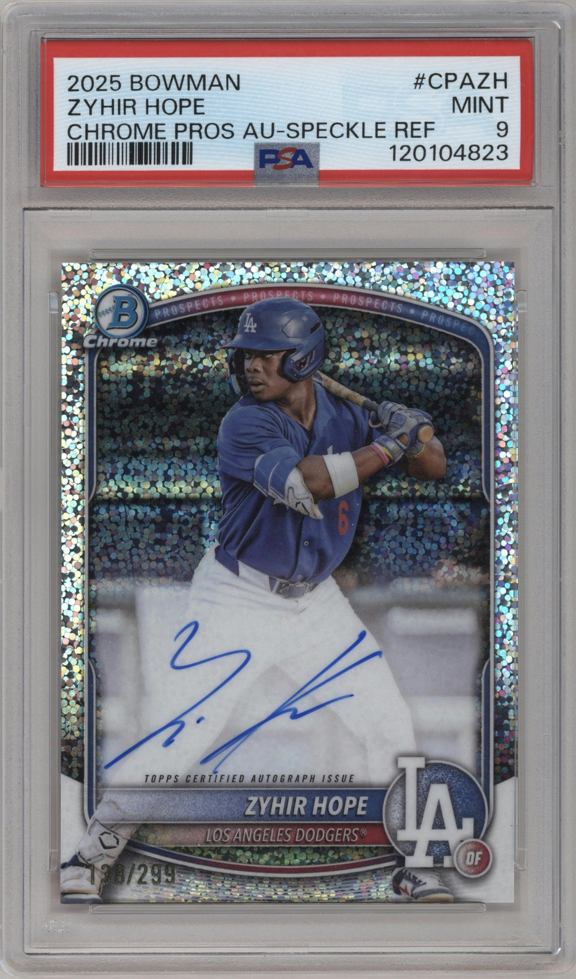 Zyhir Hope from the 2025 Bowman set featuring a Speckle Refractor parallel graded by PSA and given an overall grade of 9.