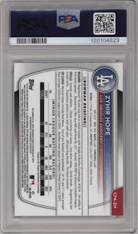 Zyhir Hope from the 2025 Bowman set featuring a Speckle Refractor parallel graded by PSA and given an overall grade of 9.