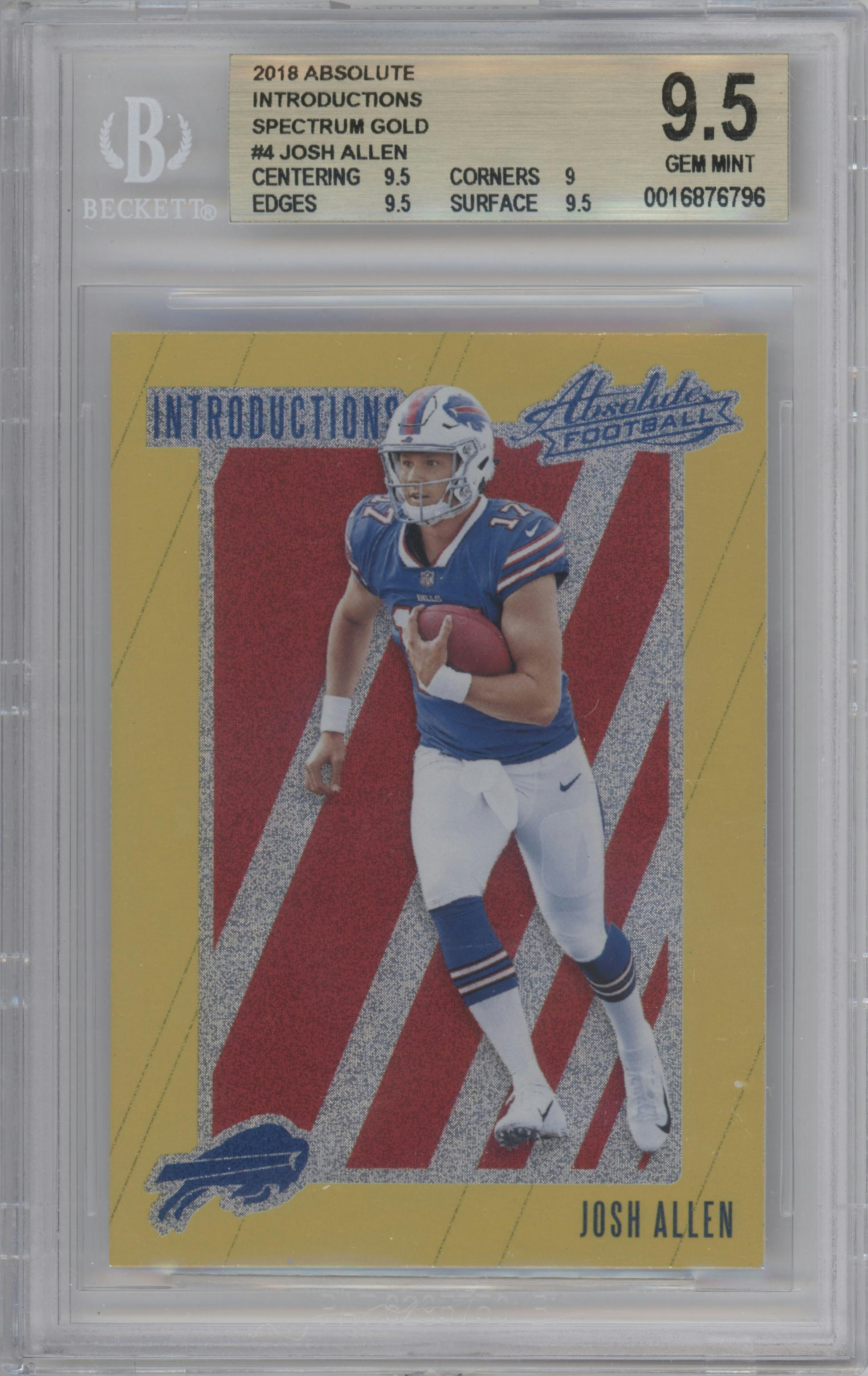Josh Allen from the 2018 Panini Absolute set featuring a Spectrum Gold parallel graded by Beckett and given an overall grade of 9.5.